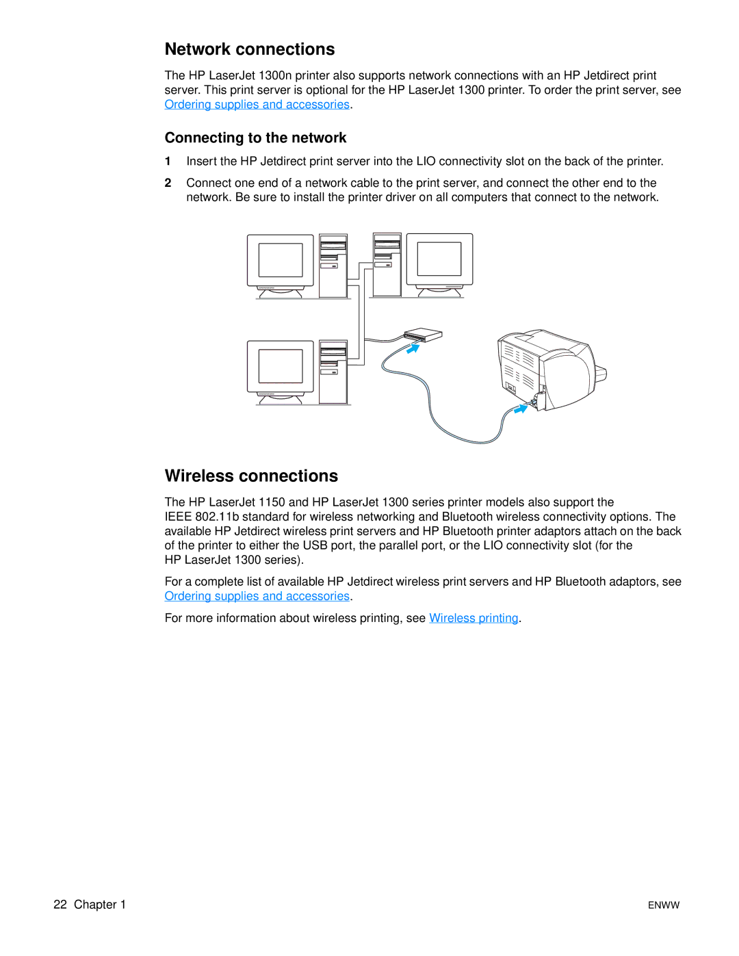 HP 1300, 1150 manual Network connections, Wireless connections, Connecting to the network 