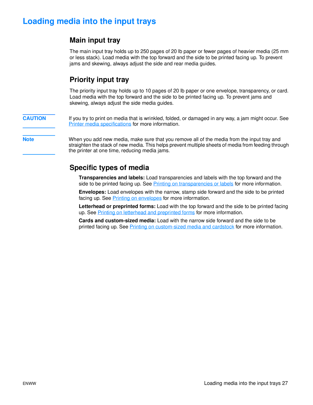 HP 1150, 1300 manual Loading media into the input trays, Specific types of media 