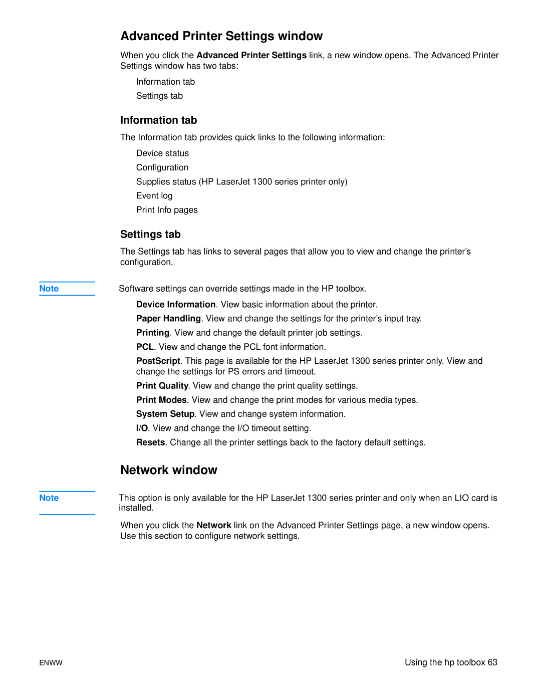 HP 1150, 1300 manual Advanced Printer Settings window, Network window, Information tab, Settings tab 