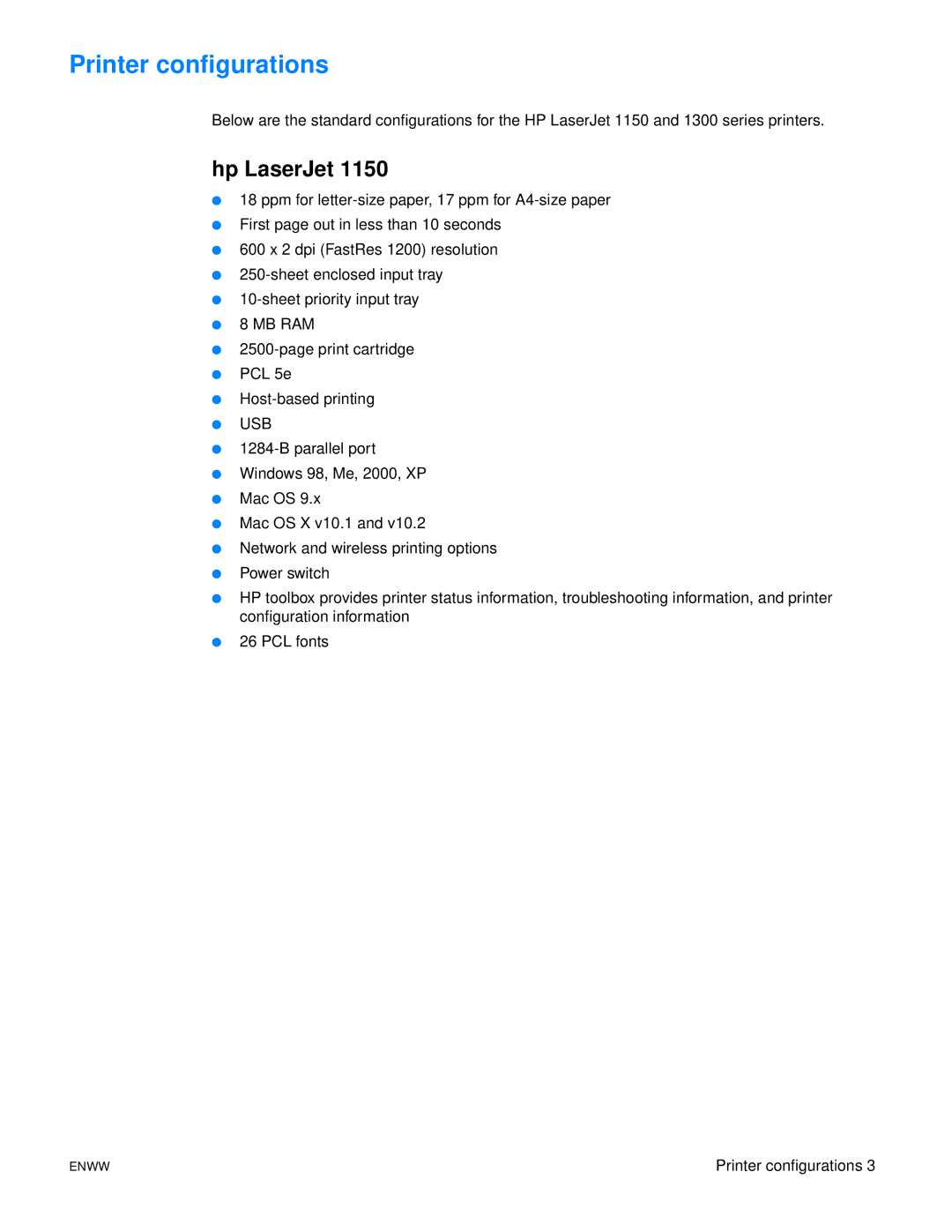 HP 1300N manual Printer configurations, Hp LaserJet 