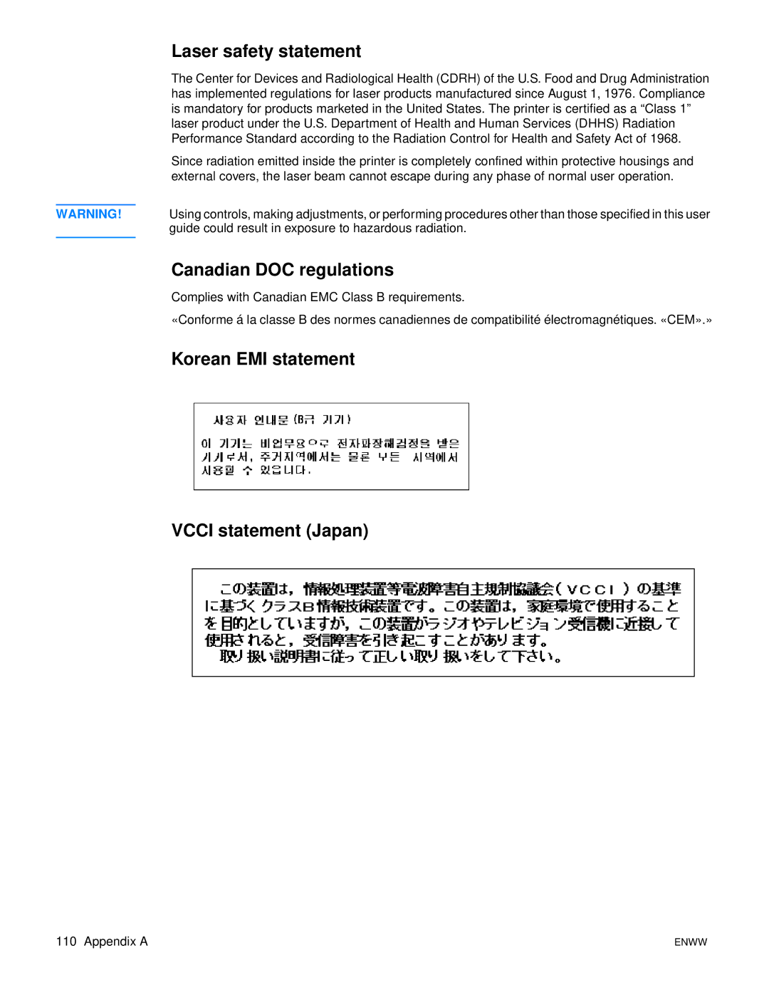 HP 1300N manual Laser safety statement, Canadian DOC regulations, Korean EMI statement Vcci statement Japan 