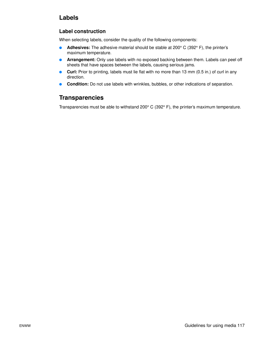 HP 1300N manual Labels, Transparencies, Label construction 