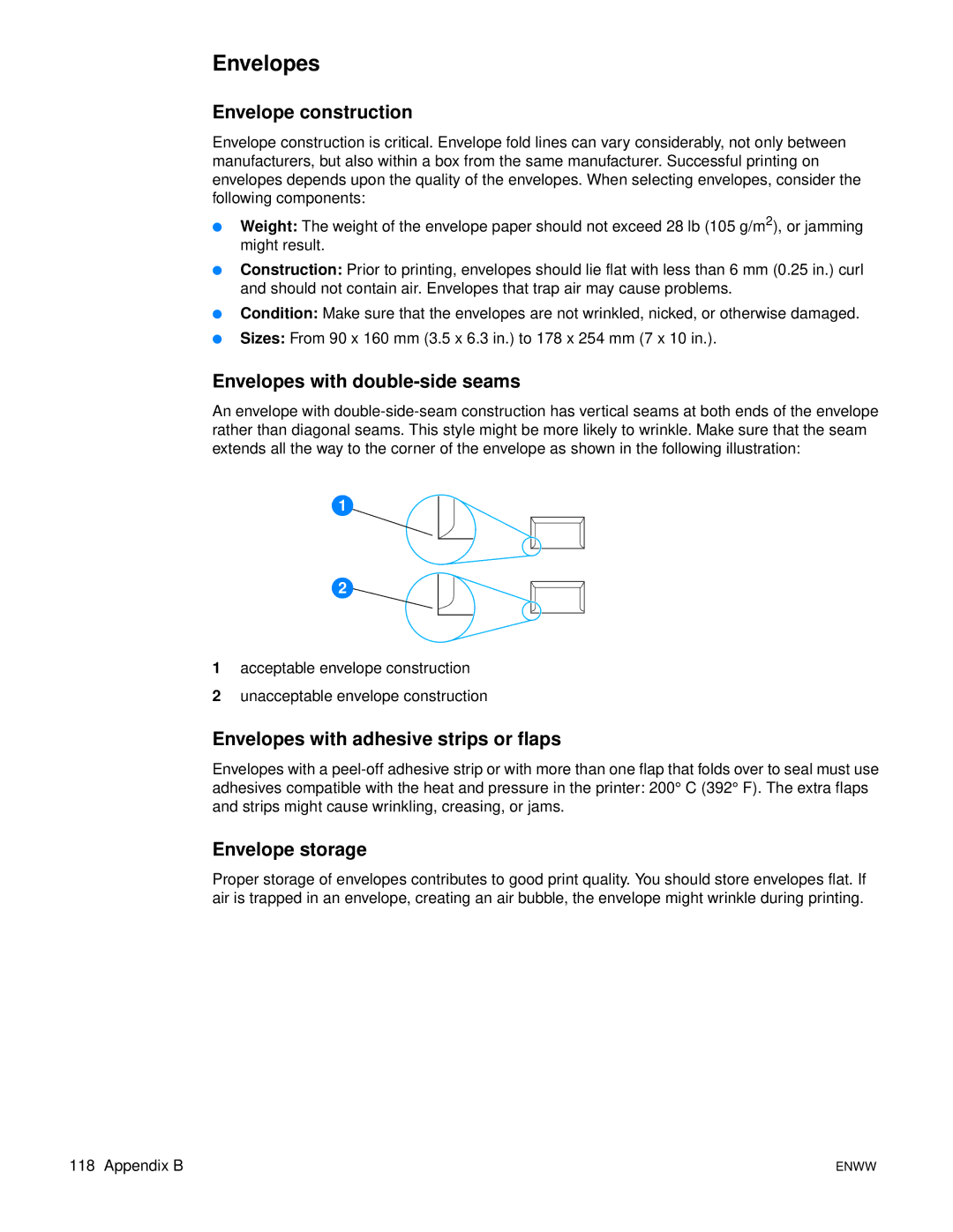 HP 1300N manual Envelope construction, Envelopes with double-side seams, Envelopes with adhesive strips or flaps 