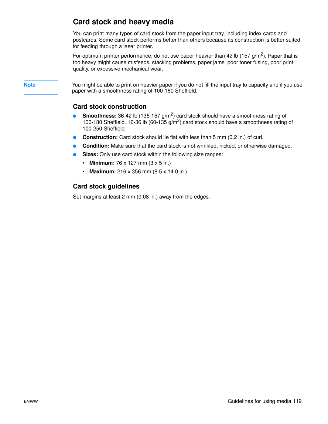 HP 1300N manual Card stock and heavy media, Card stock construction, Card stock guidelines 