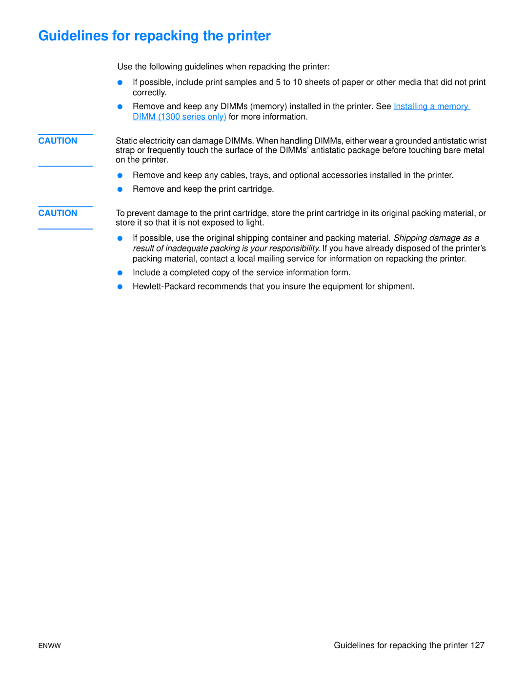 HP 1300N manual Guidelines for repacking the printer 