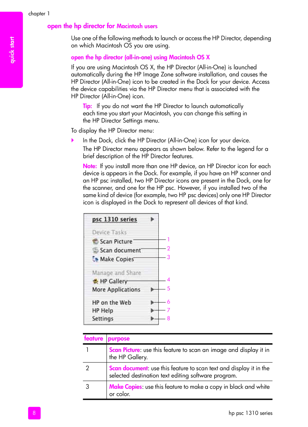 HP 1310 manual Open the hp director for Macintosh users, Open the hp director all-in-one using Macintosh OS 