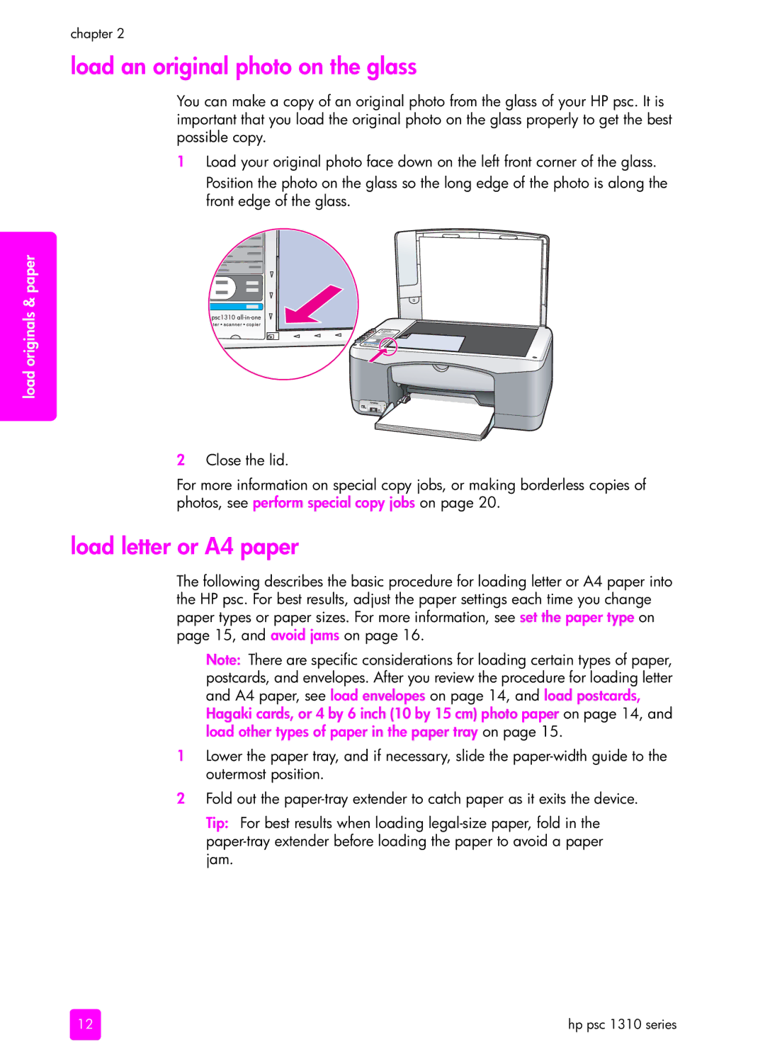 HP 1310 manual Load an original photo on the glass, Load letter or A4 paper 