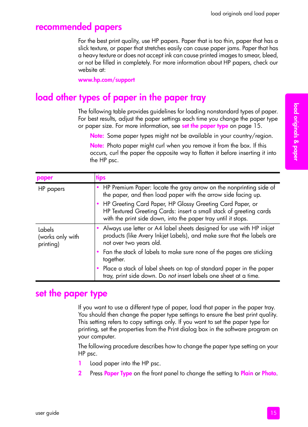 HP 1310 manual Recommended papers, Load other types of paper in the paper tray, Set the paper type, Paper Tips 