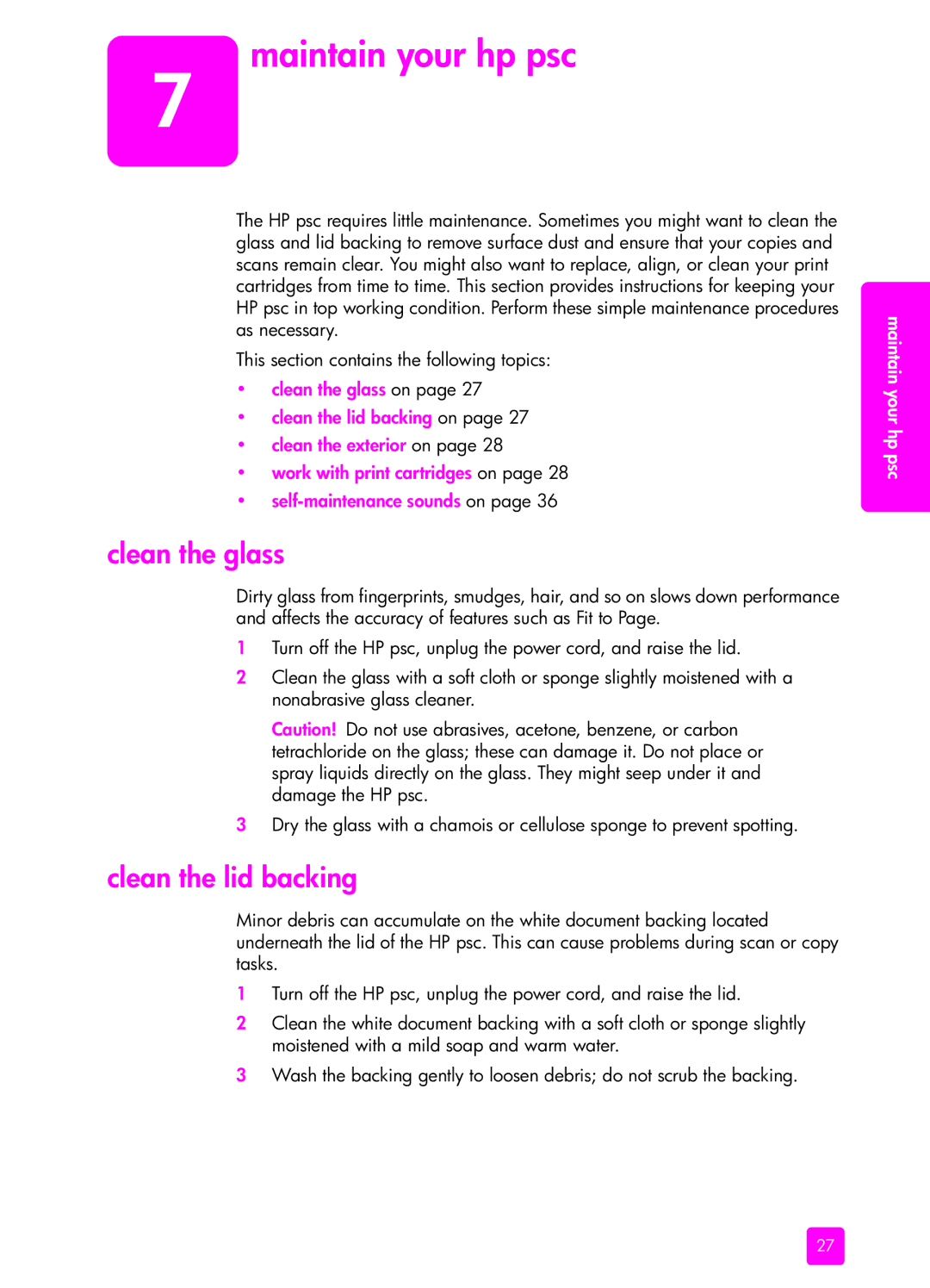 HP 1310 manual Maintain your hp psc, Clean the glass, Clean the lid backing 