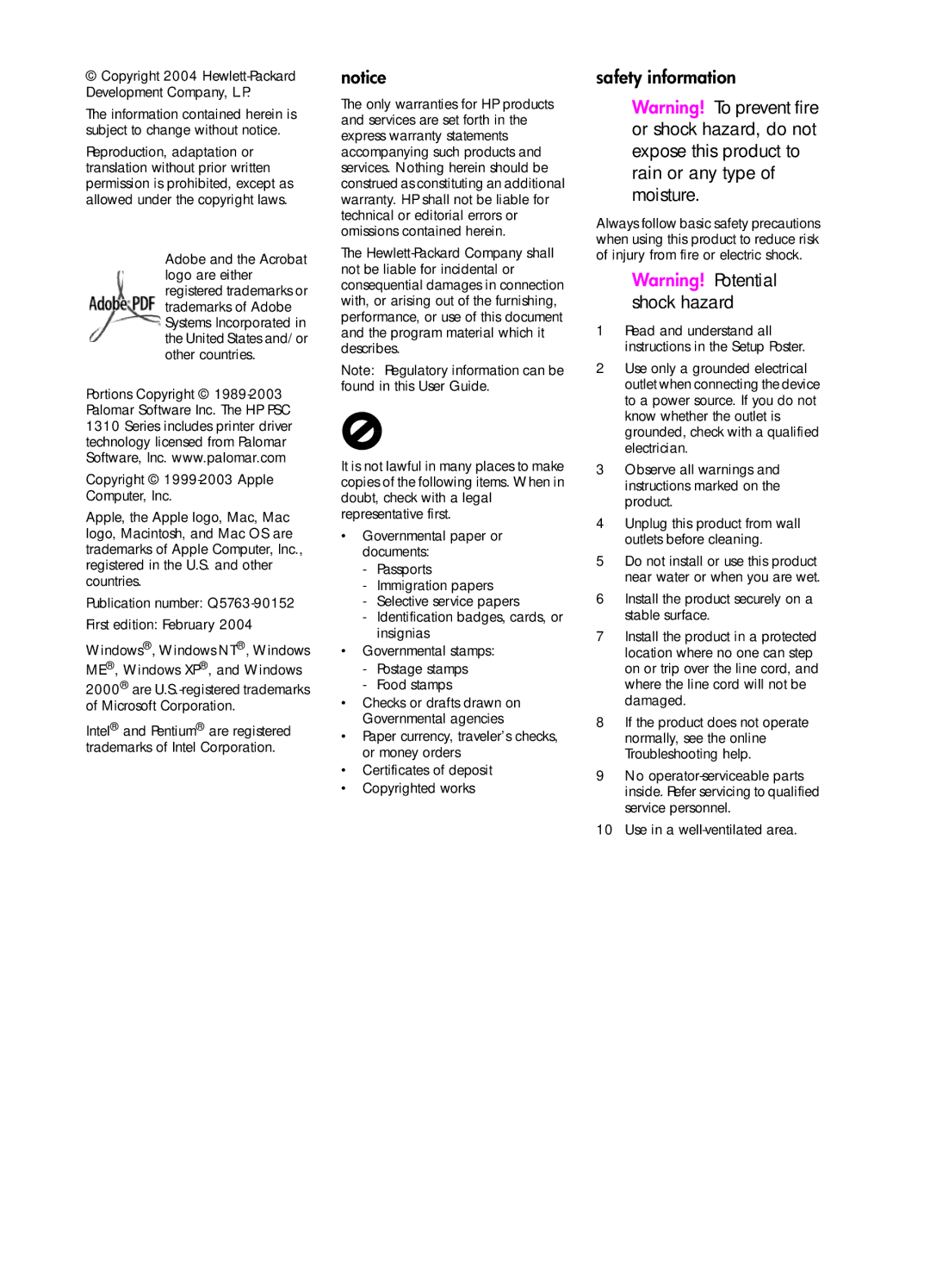 HP 1310 manual Safety information 