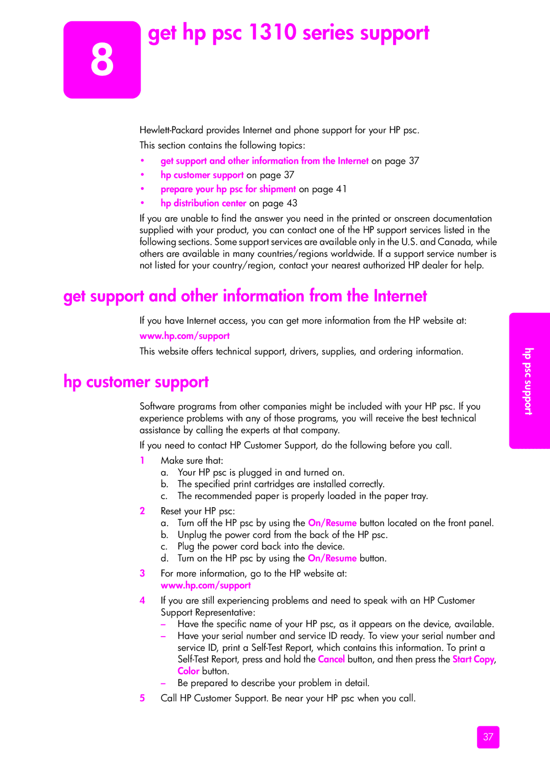 HP manual Get hp psc 1310 series support, Get support and other information from the Internet, Hp customer support 