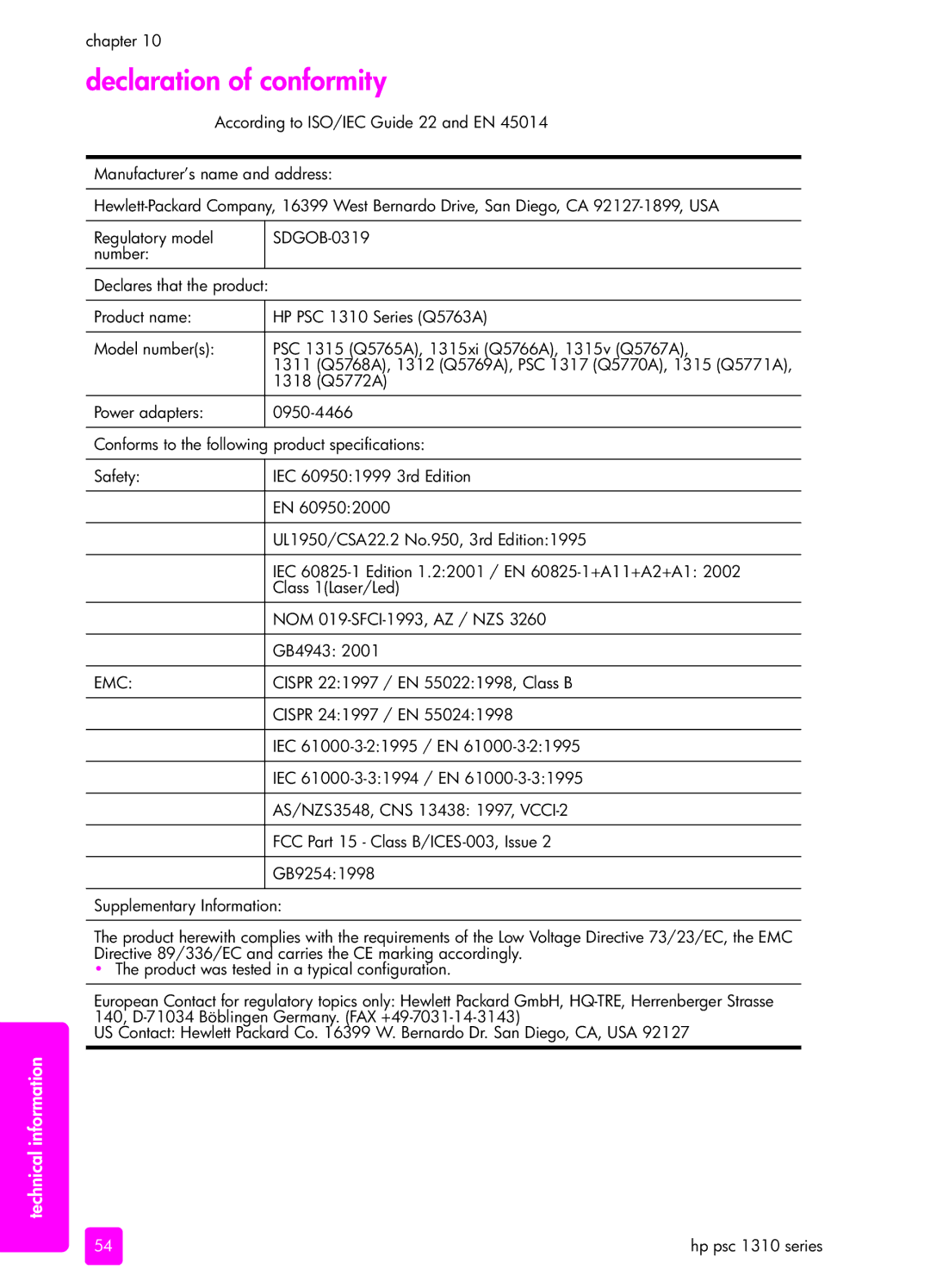 HP 1310 manual Declaration of conformity, Emc 