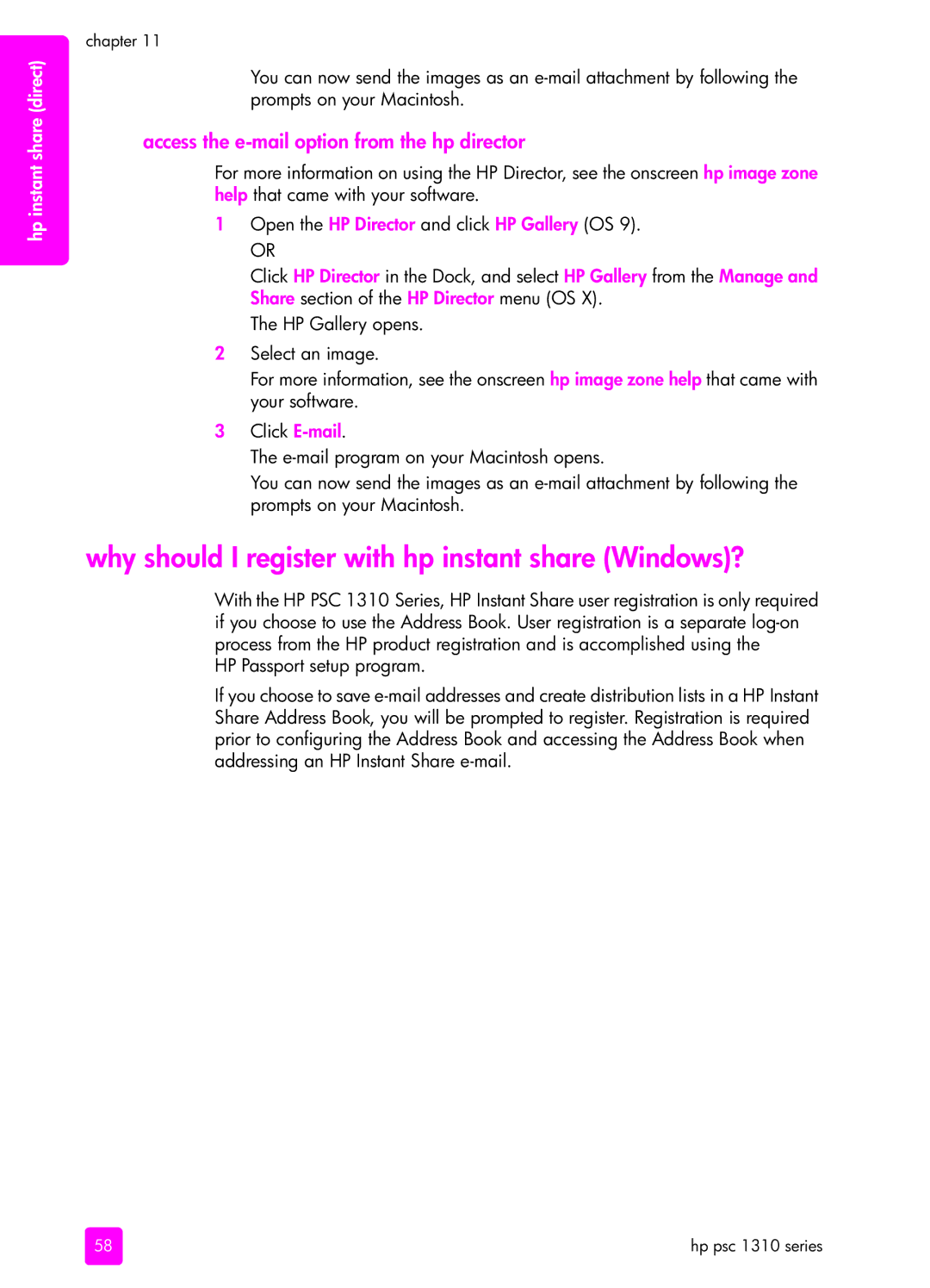 HP 1310 manual Why should I register with hp instant share Windows?, Access the e-mail option from the hp director 