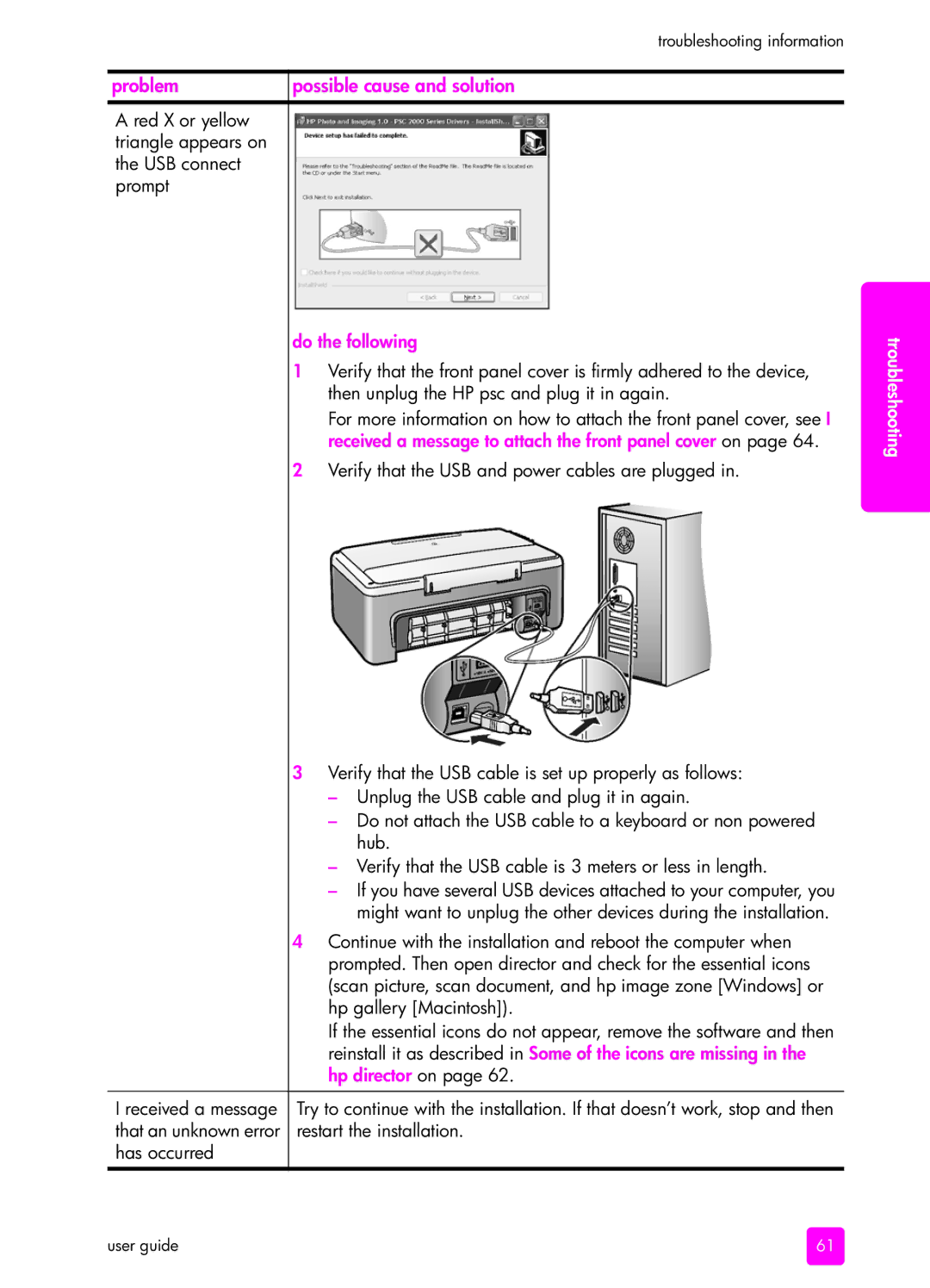 HP 1310 manual Problem, Do the following, Reinstall it as described in Some of the icons are missing, Hp director on 