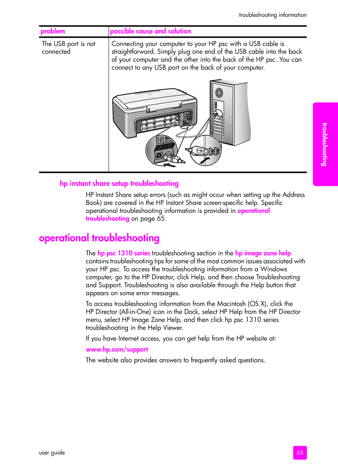 HP 1310 manual Operational troubleshooting, Hp instant share setup troubleshooting 