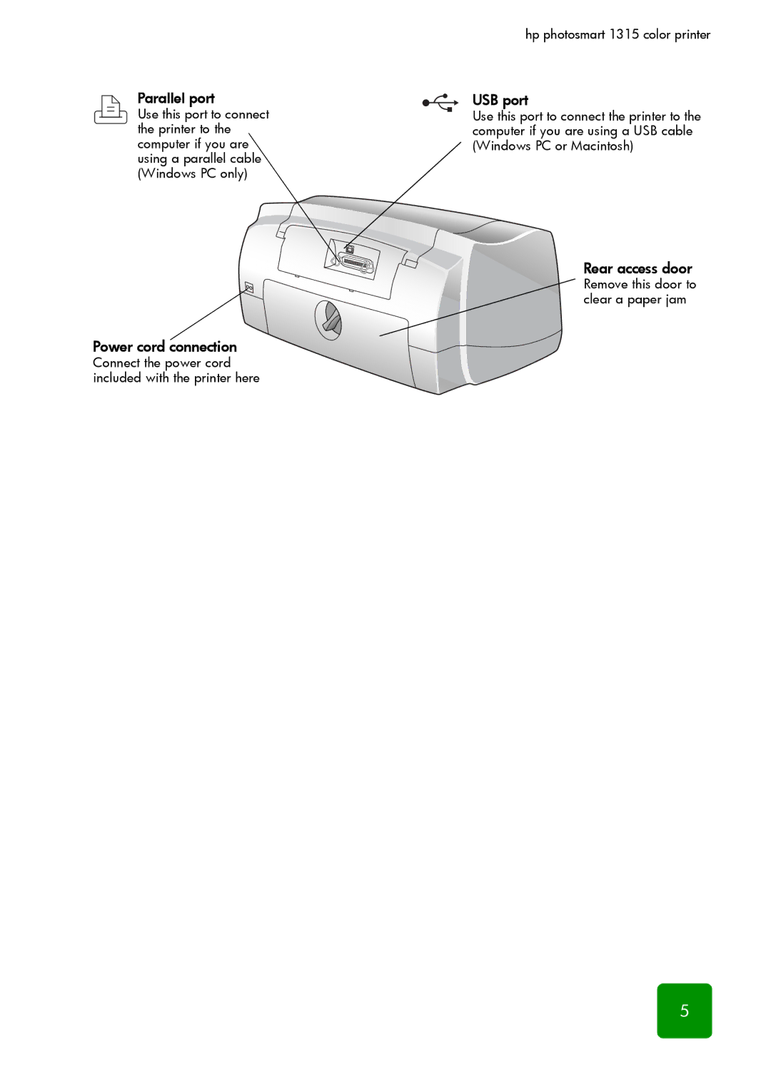 HP 1315 manual Power cord connection 