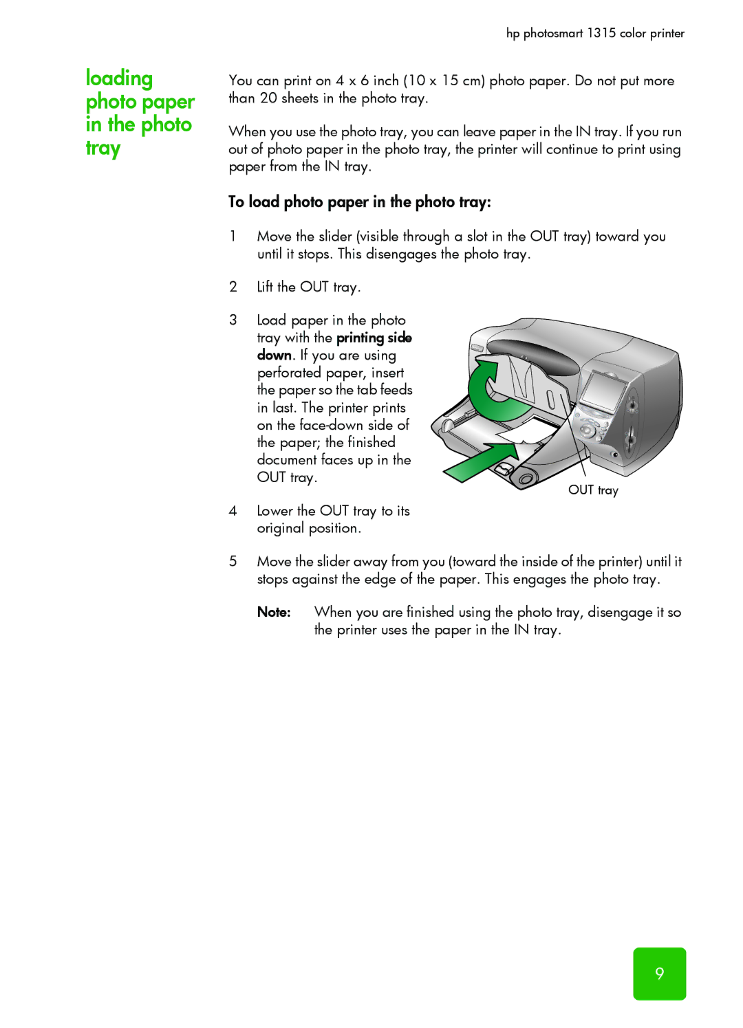 HP 1315 manual Loading photo paper in the photo tray, To load photo paper in the photo tray 