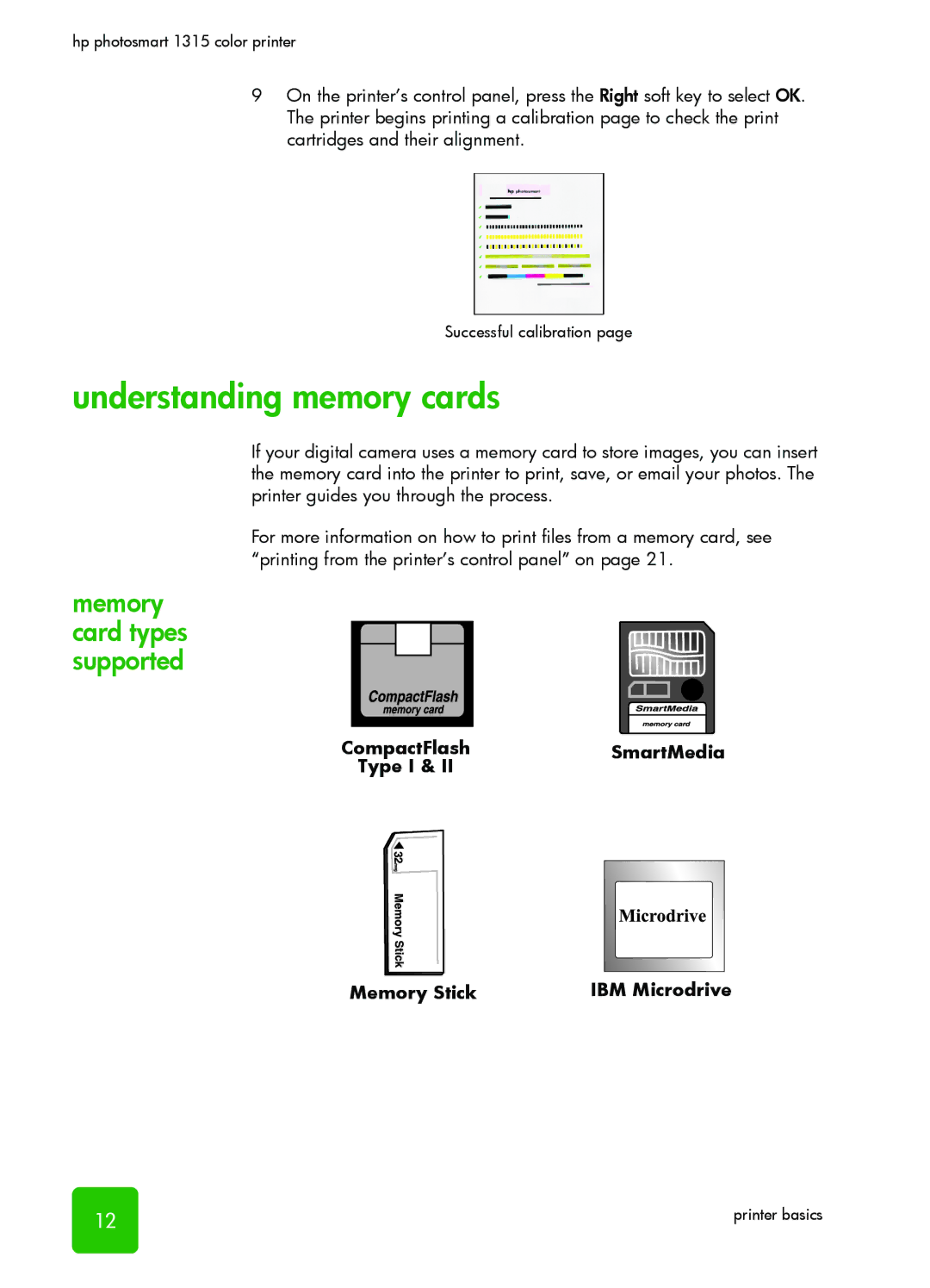 HP 1315 manual Understanding memory cards, Memory card types supported 