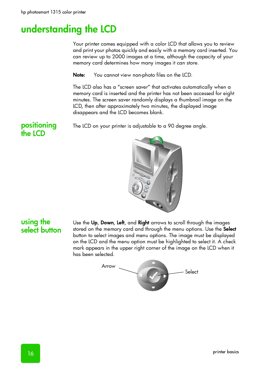 HP 1315 manual Understanding the LCD, Positioning the LCD Using the select button 