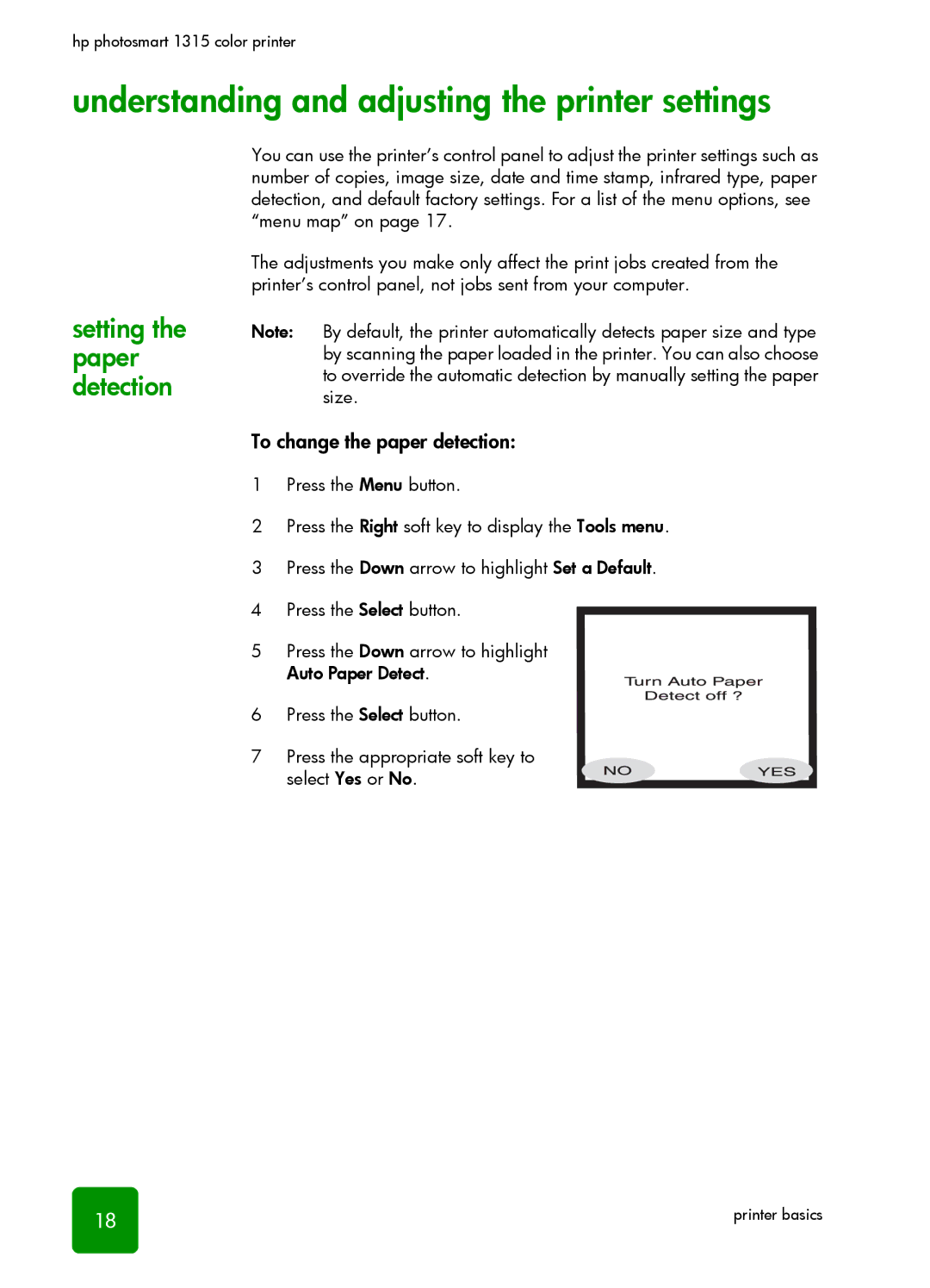 HP 1315 manual Understanding and adjusting the printer settings, Setting the paper detection, To change the paper detection 