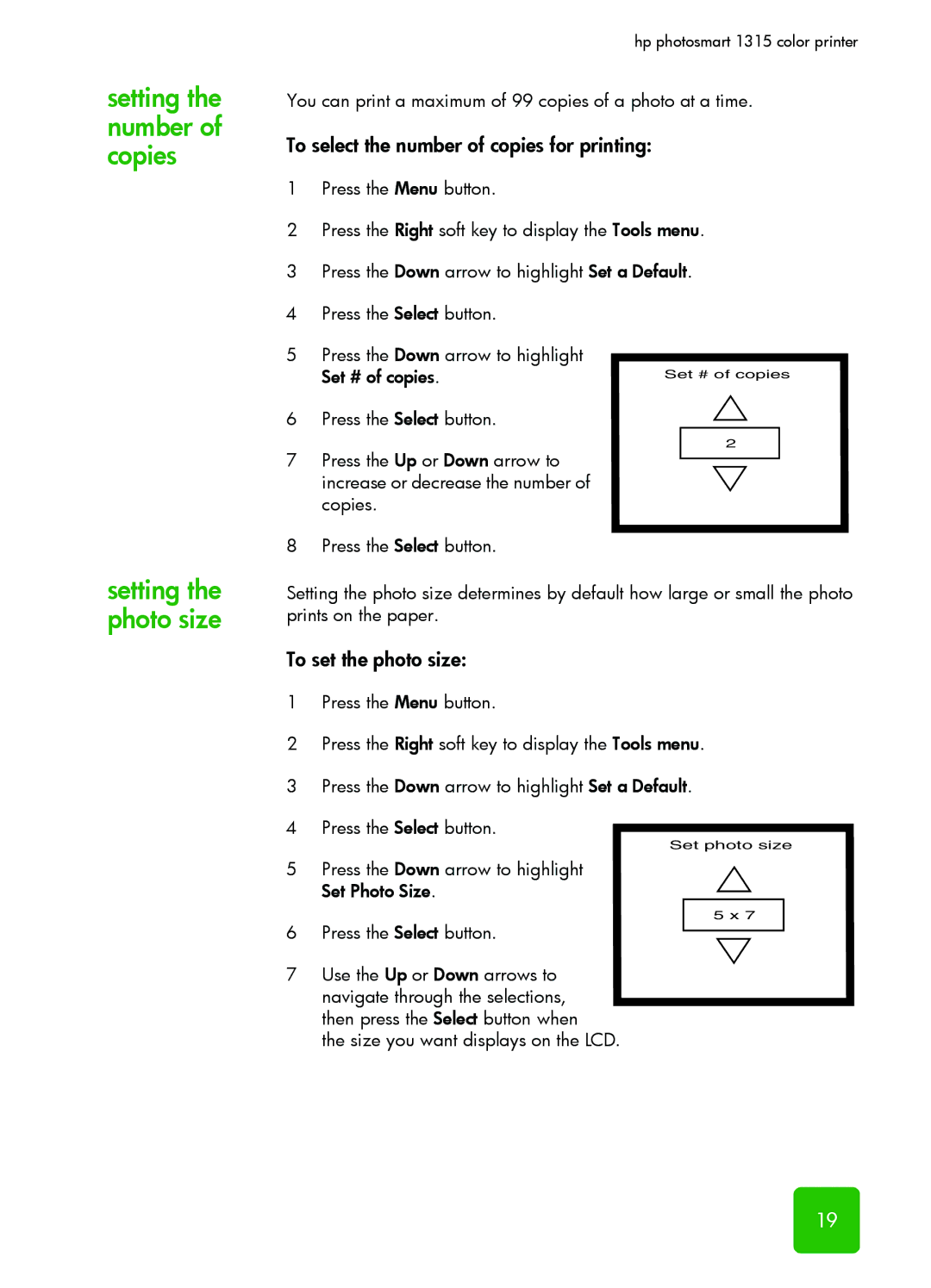 HP 1315 manual Setting the number of copies Setting the photo size, To select the number of copies for printing 