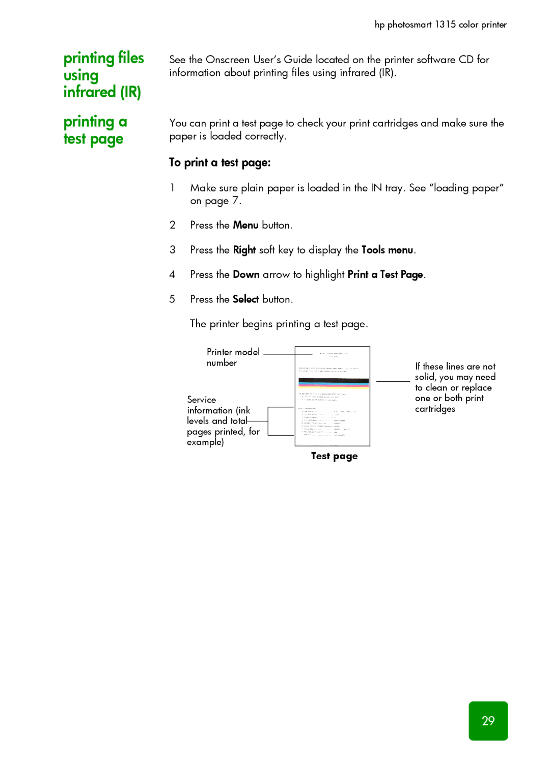 HP 1315 manual Printing files using infrared IR Printing a test, To print a test 