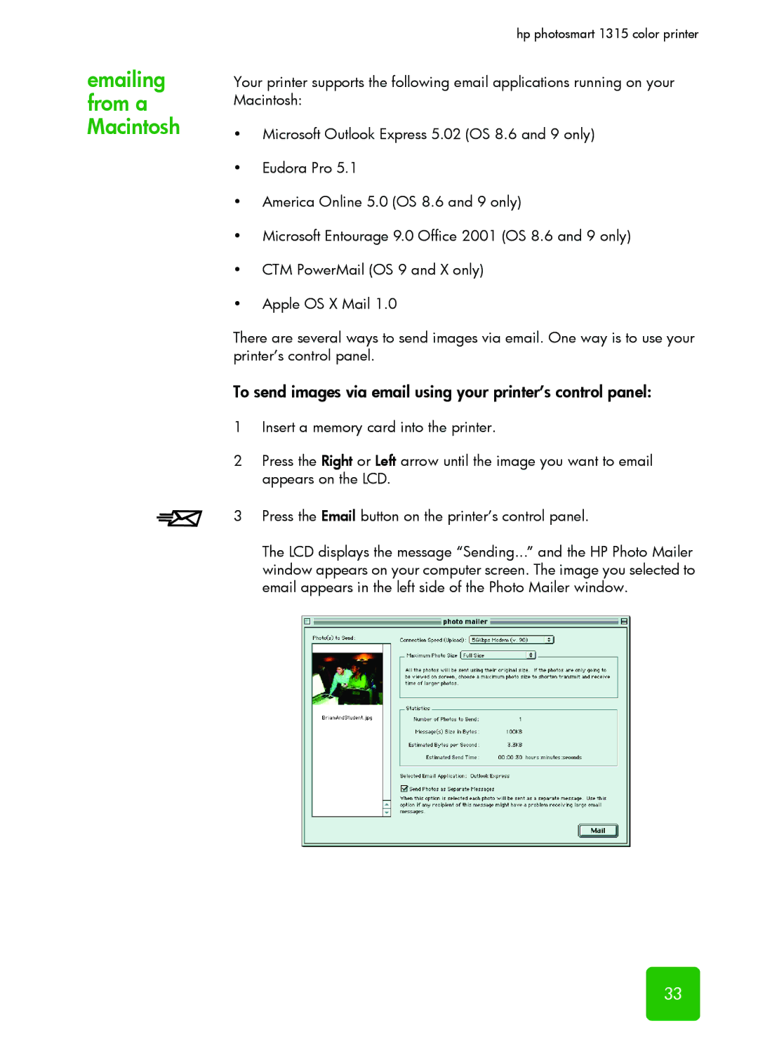 HP 1315 manual Emailing from a Macintosh, To send images via email using your printer’s control panel 