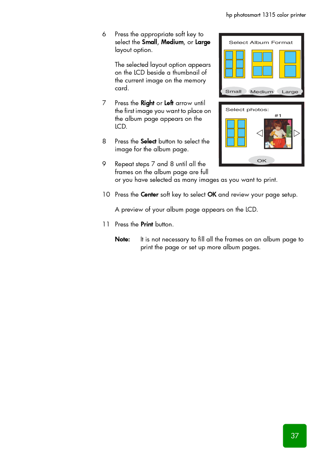 HP 1315 manual Select Album Format Small Medium Large Select photos 