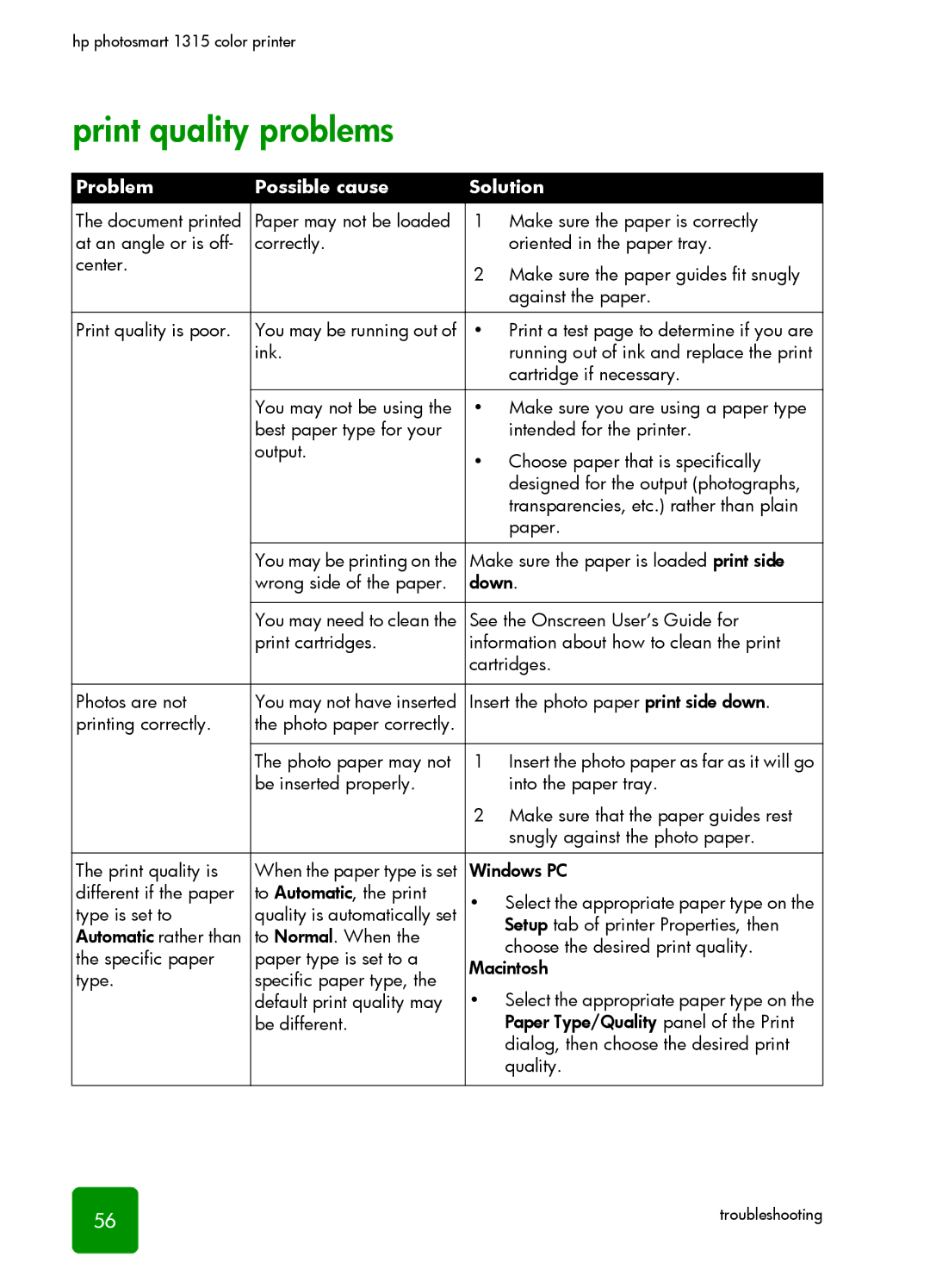 HP 1315 manual Print quality problems 