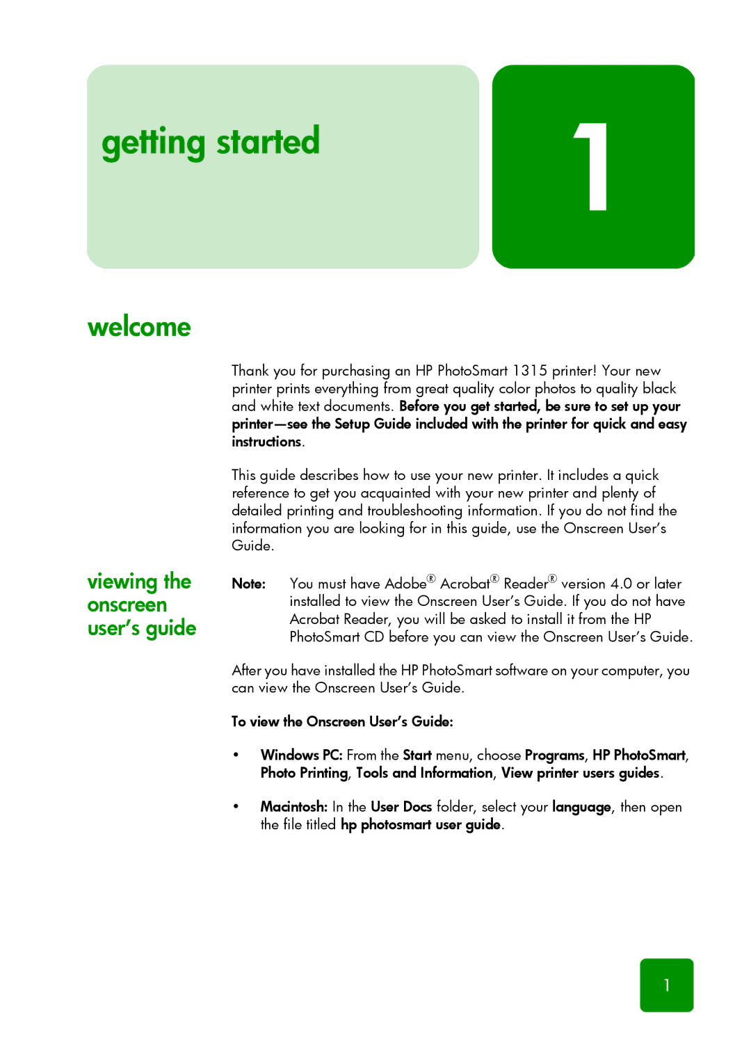 HP 1315 manual Getting started, Welcome, Viewing the onscreen user’s guide 