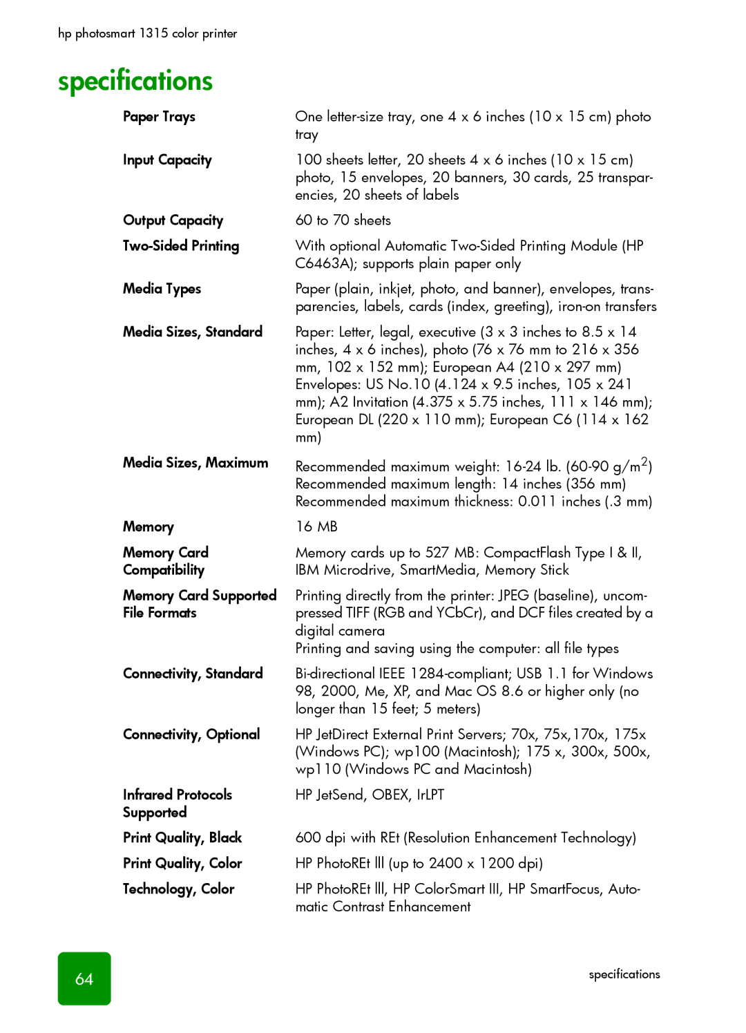 HP 1315 manual Specifications 