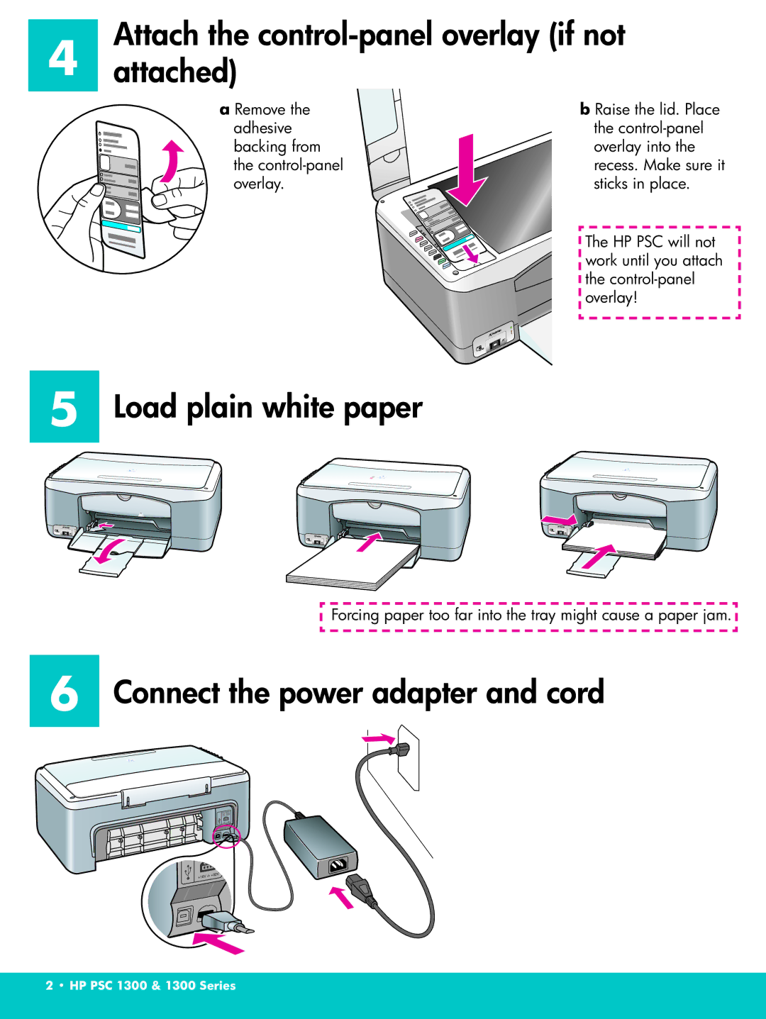 HP 1315, 1317 Attach the control-panel overlay if not Attached, Load plain white paper, Connect the power adapter and cord 