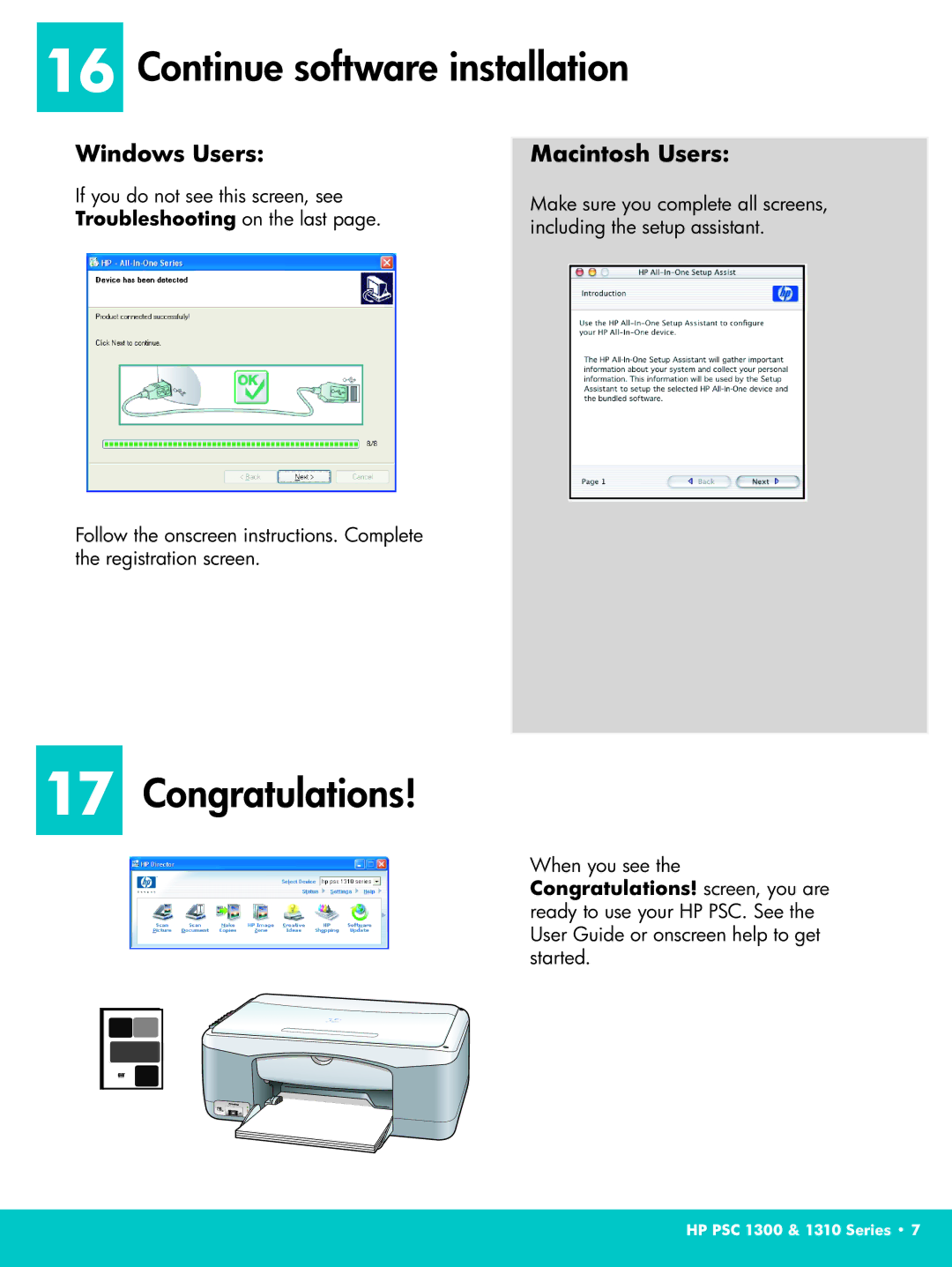 HP 1311, 1317, 1315 manual Continue software installation, Congratulations 