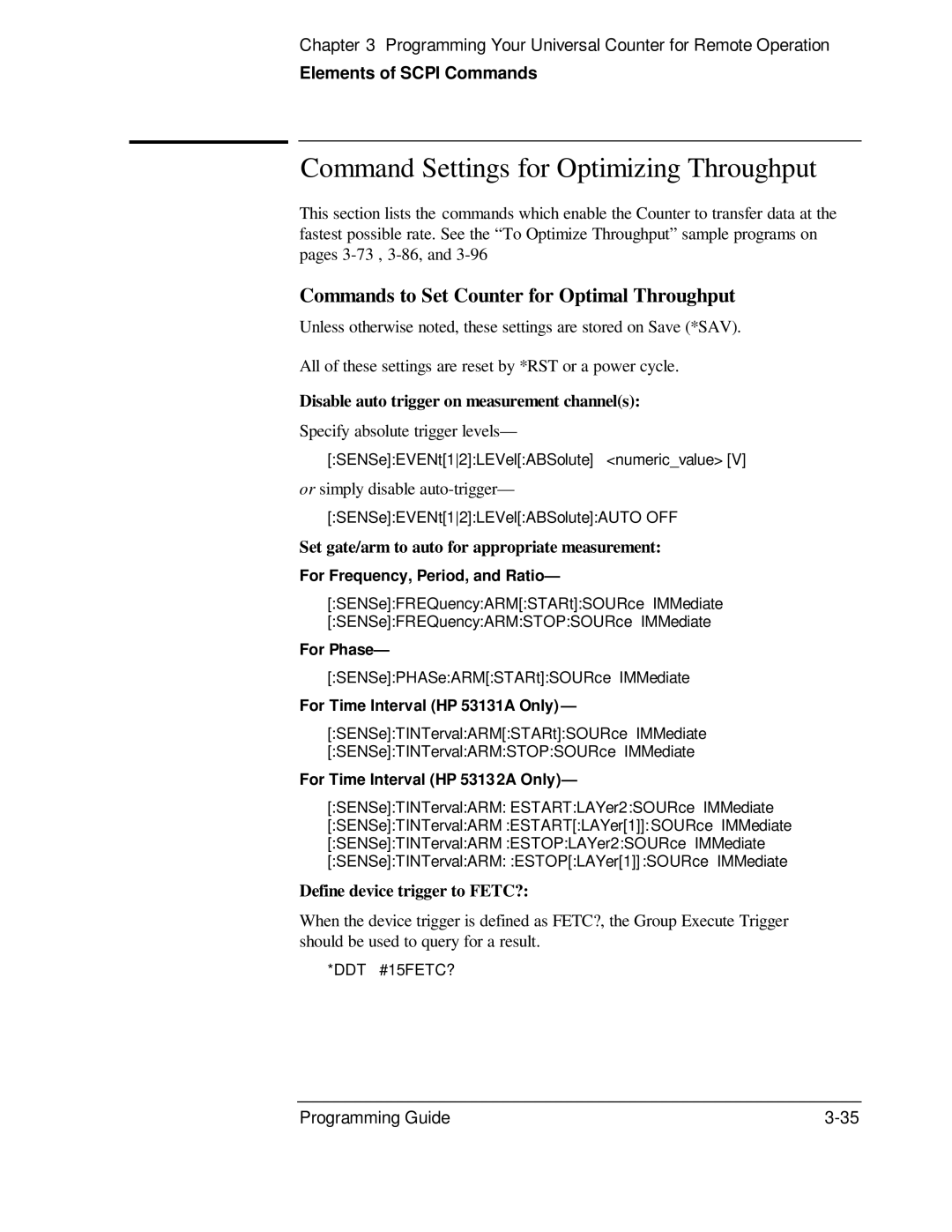 HP 53131A, 132A manual Command Settings for Optimizing Throughput, Commands to Set Counter for Optimal Throughput 