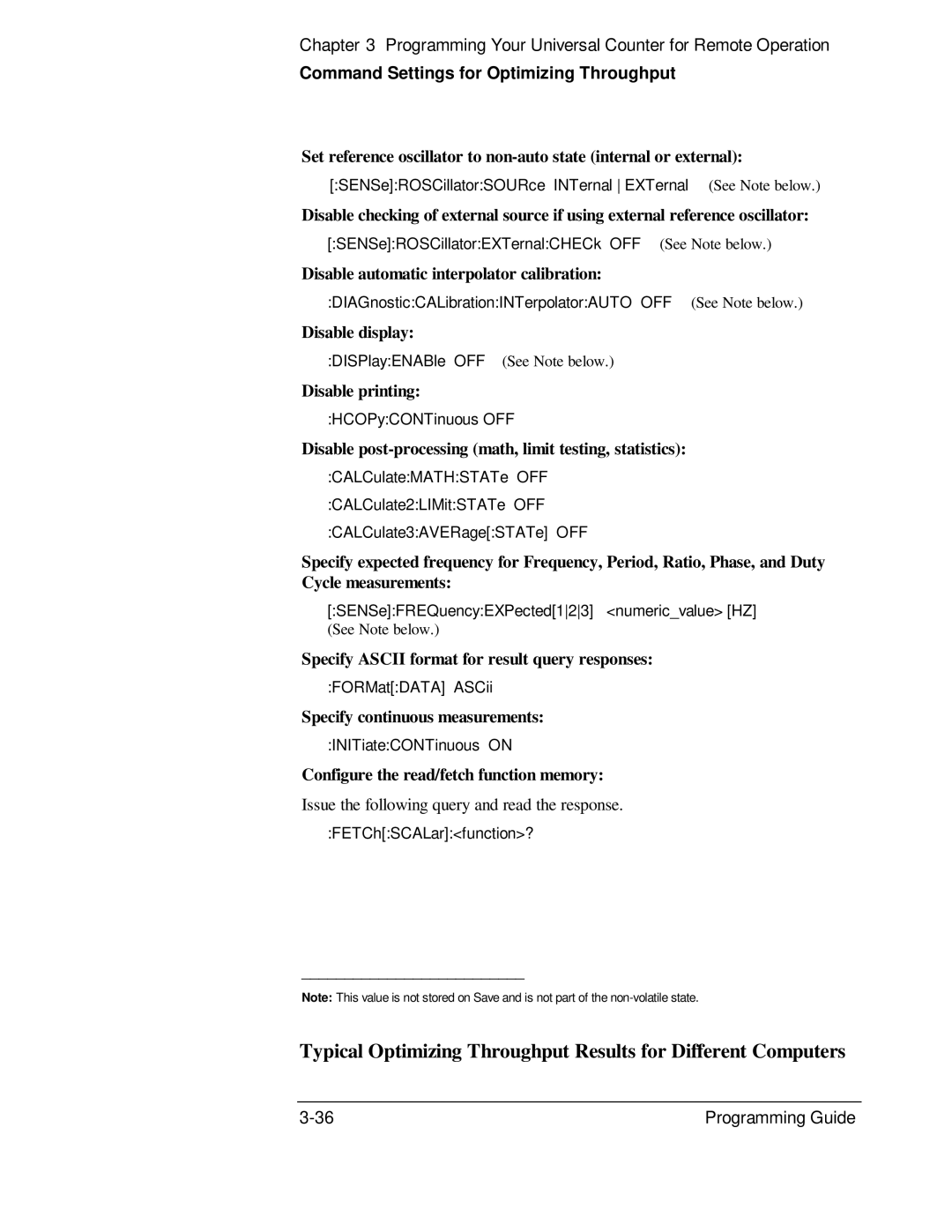 HP 132A, 53131A manual Command Settings for Optimizing Throughput, SENSeROSCillatorEXTernalCHECk OFF See Note below 