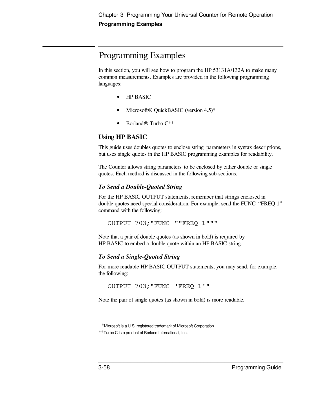 HP 132A, 53131A manual Programming Examples, Using HP Basic, To Send a Double-Quoted String, To Send a Single-Quoted String 