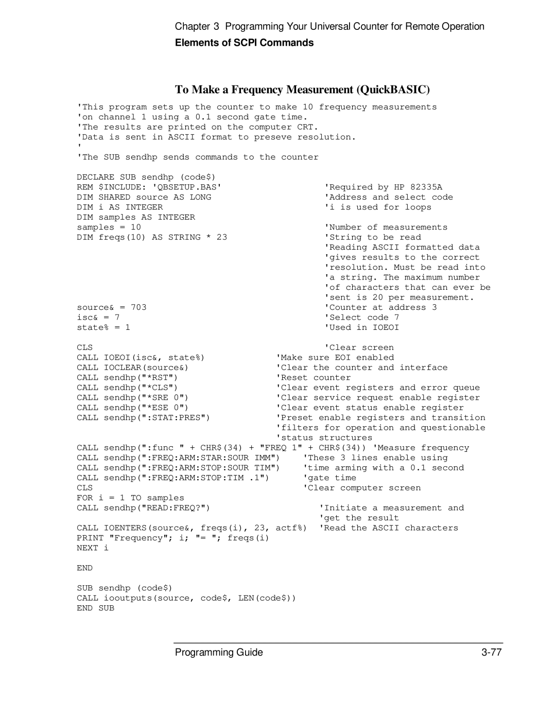 HP 53131A, 132A manual To Make a Frequency Measurement QuickBASIC, Rem $Include Qbsetup.Bas 