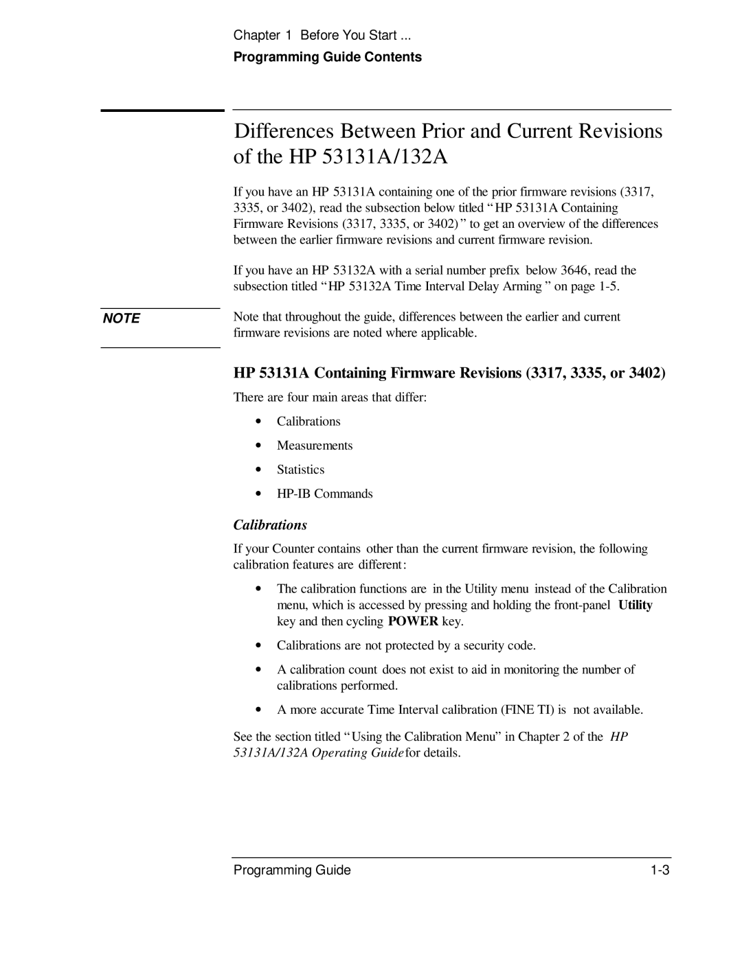 HP 132A manual HP 53131A Containing Firmware Revisions 3317, 3335, or, Calibrations, Programming Guide Contents 