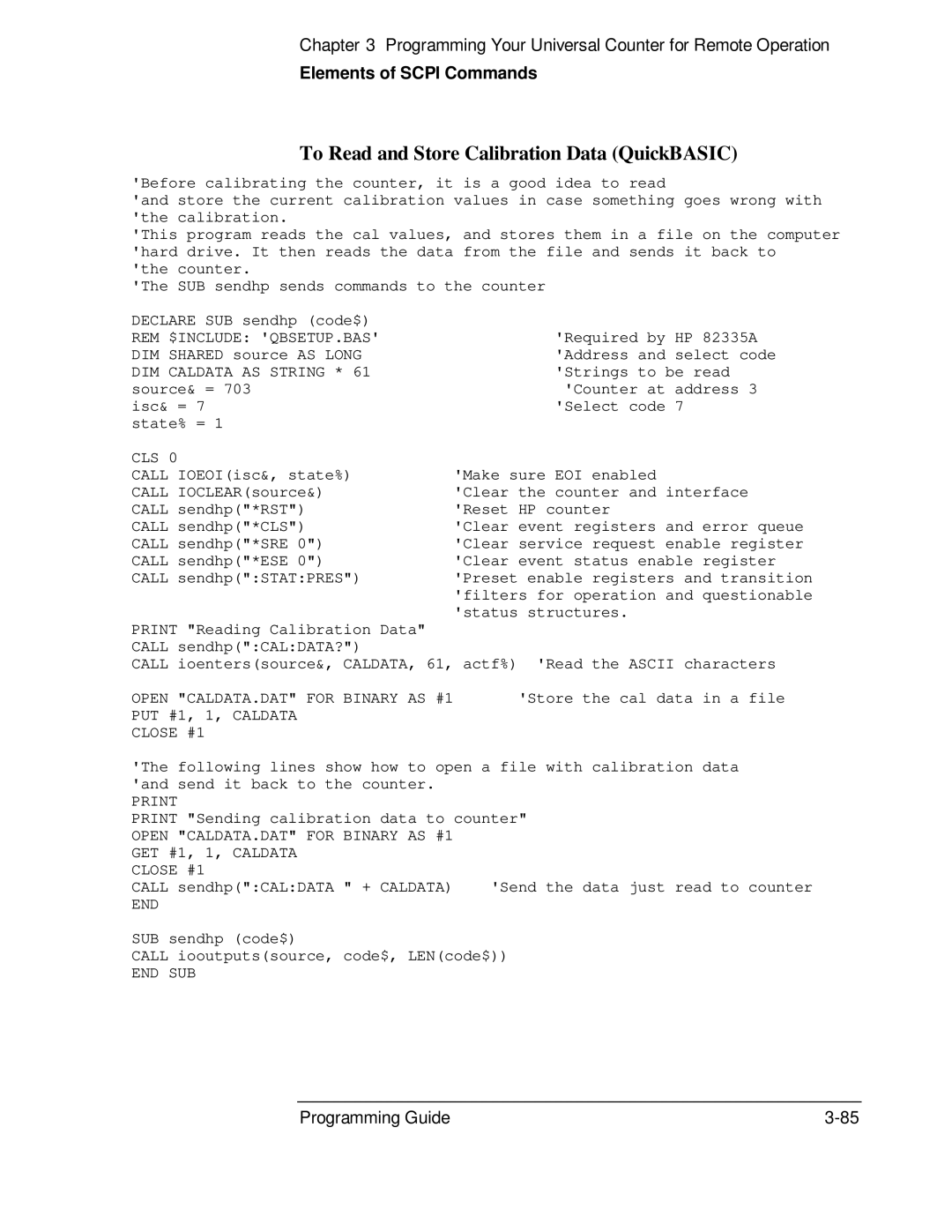 HP 53131A, 132A manual To Read and Store Calibration Data QuickBASIC, PUT #1, 1, Caldata Close #1 