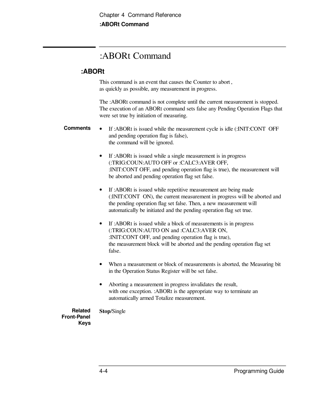 HP 132A, 53131A manual ABORt Command, Comments Related Front-Panel Keys 