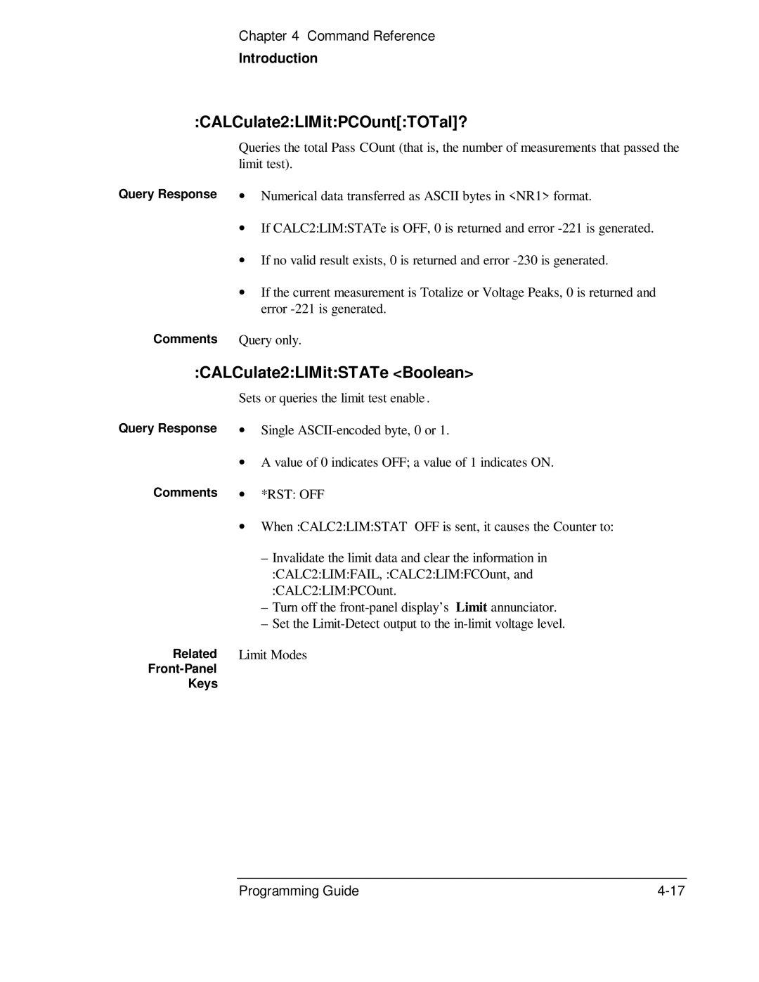 HP 53131A CALCulate2LIMitPCOuntTOTal?, CALCulate2LIMitSTATe Boolean, Query Response Comments Related Front-Panel Keys 