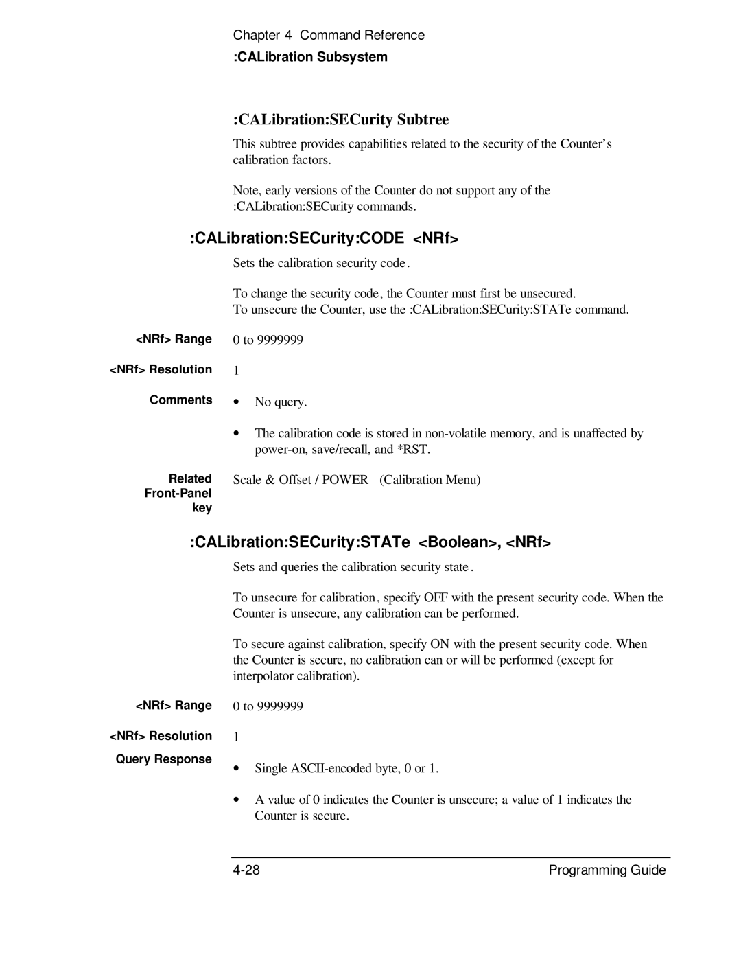 HP 132A, 53131A manual CALibrationSECurity Subtree, CALibrationSECurityCODE NRf, CALibrationSECuritySTATe Boolean, NRf 