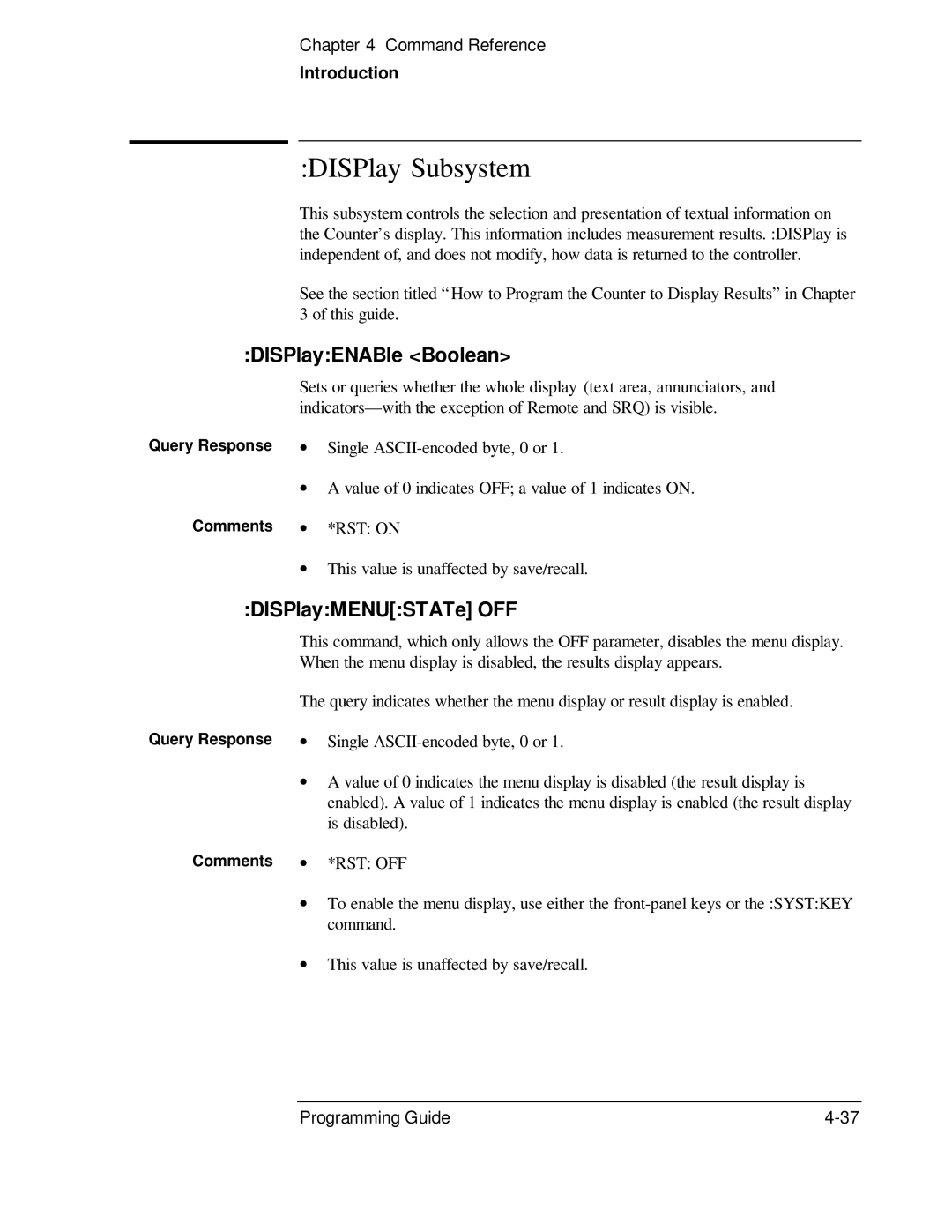 HP 53131A, 132A manual DISPlay Subsystem, DISPlayENABle Boolean, DISPlayMENUSTATe OFF 