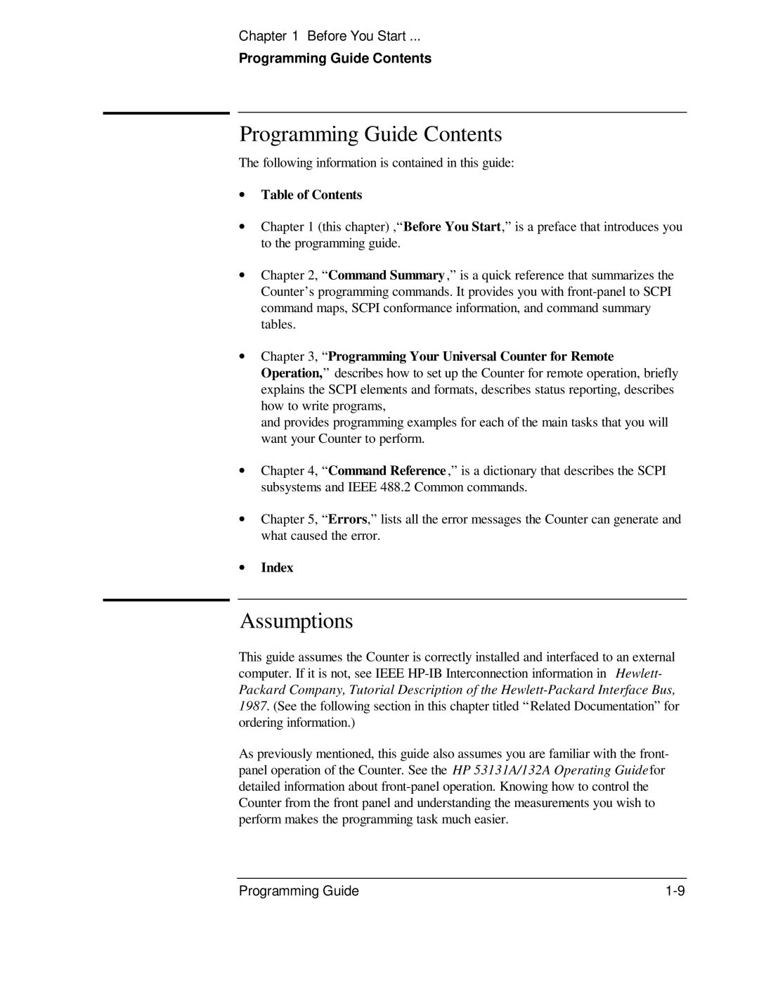 HP 53131A, 132A manual Programming Guide Contents, Assumptions 