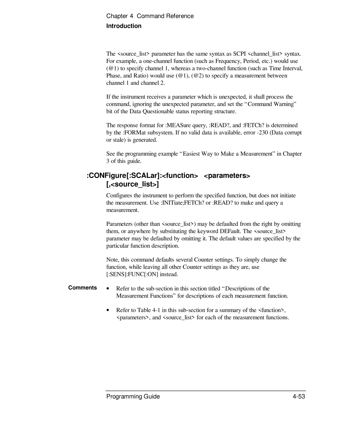 HP 53131A, 132A manual CONFigureSCALarfunction parameters ,sourcelist, Comments 