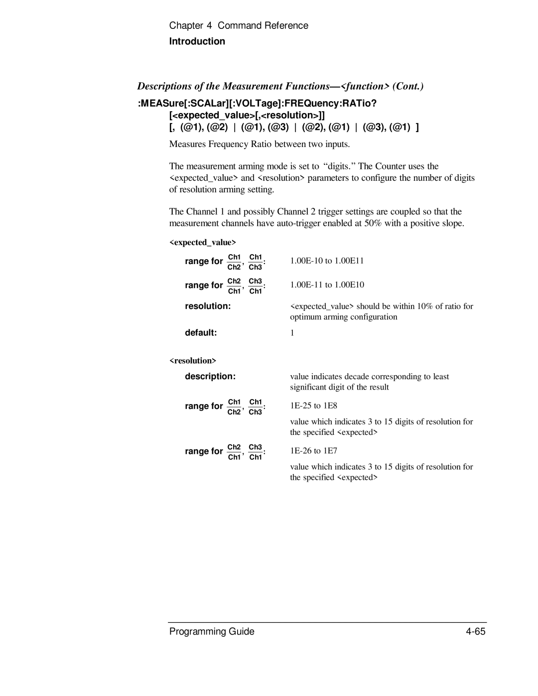 HP 53131A, 132A manual Range for Ch2 , Ch3, Resolution Default, Description Range for Ch1 , Ch1 