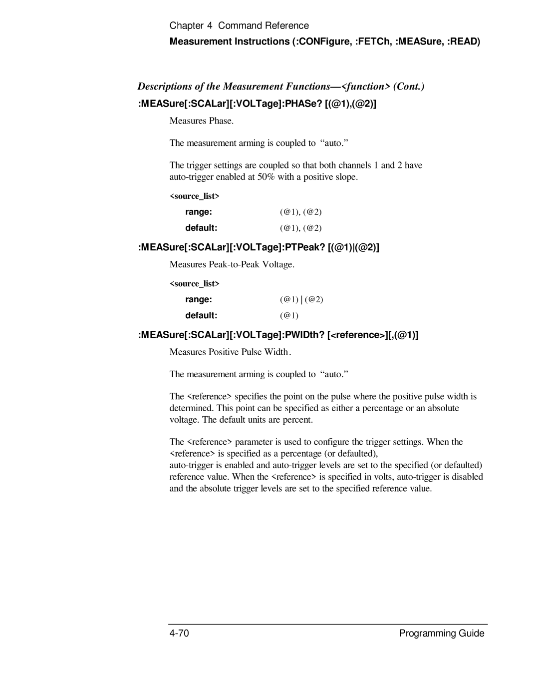 HP 132A manual MEASureSCALarVOLTagePHASe? @1,@2, MEASureSCALarVOLTagePTPeak? @1@2, MEASureSCALarVOLTagePWIDth? reference,@1 