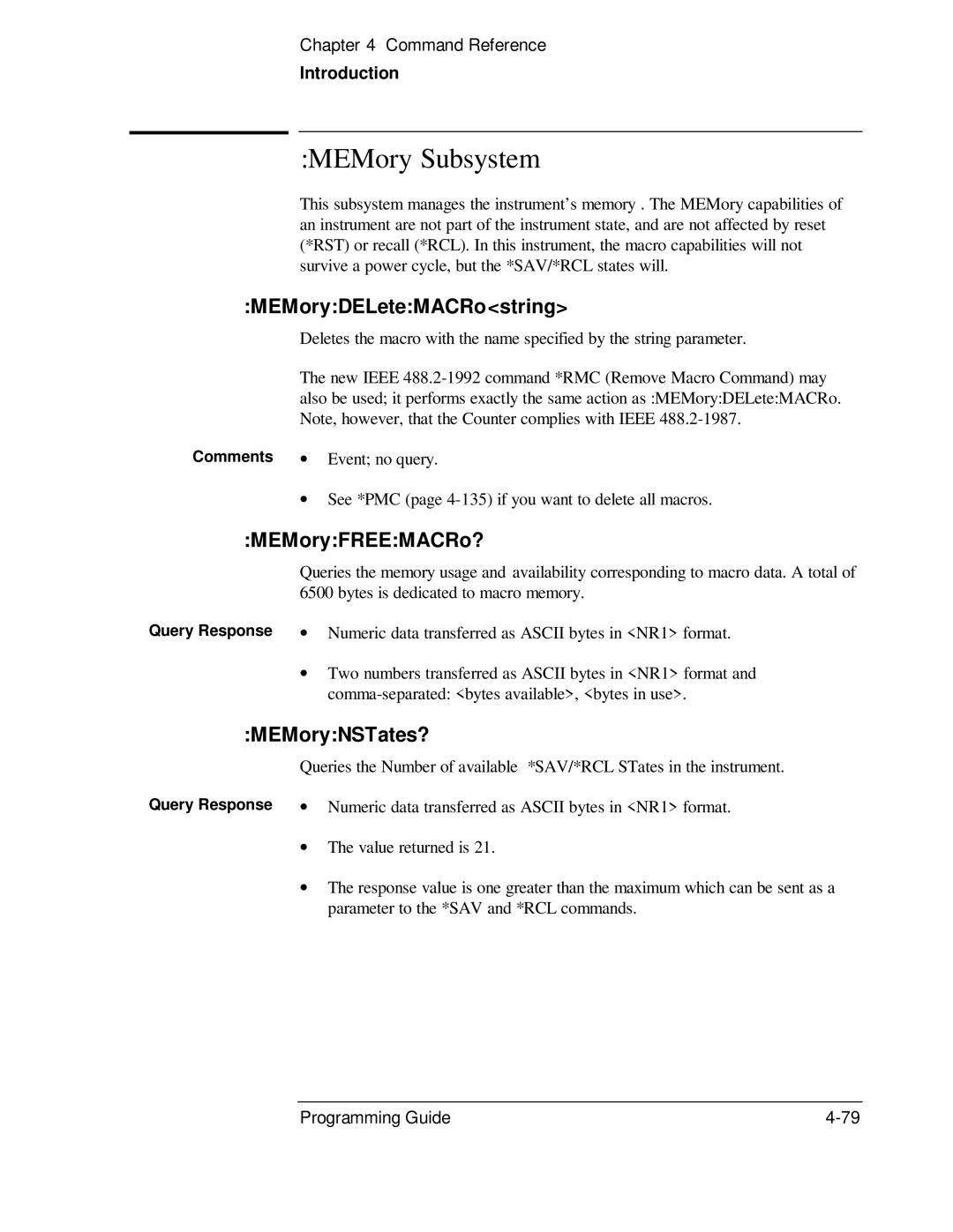 HP 53131A, 132A manual MEMory Subsystem, MEMoryDELeteMACRostring, MEMoryFREEMACRo?, MEMoryNSTates? 