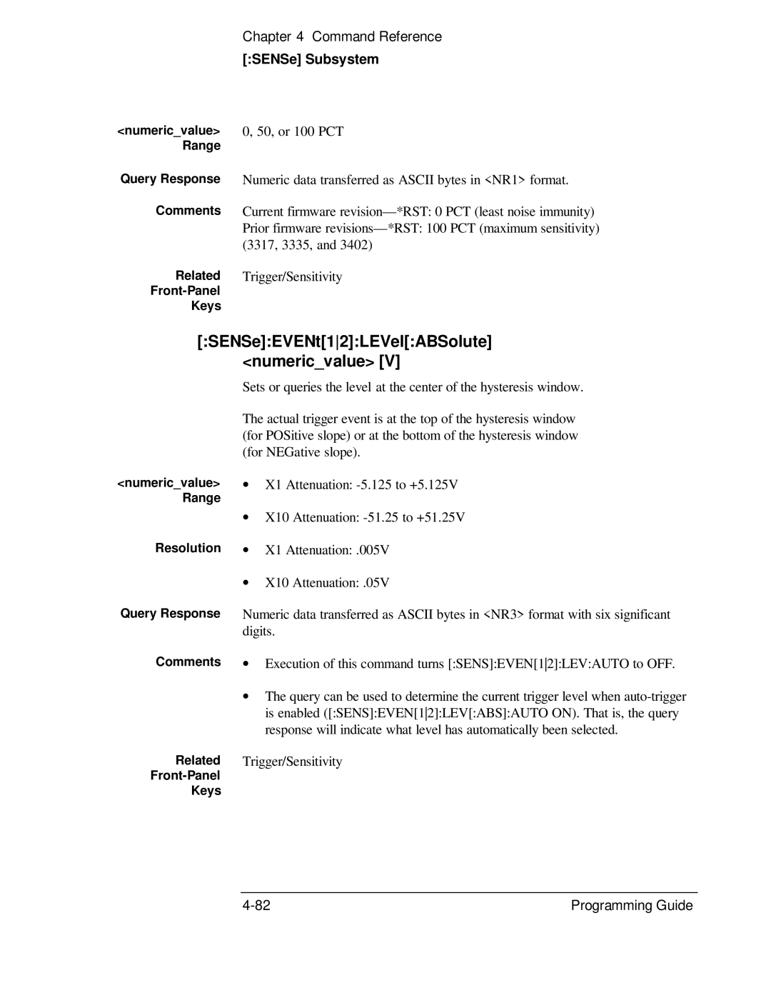 HP 132A, 53131A manual SENSeEVENt12LEVelABSolute numericvalue, Numericvalue Range Resolution Query Response Comments 