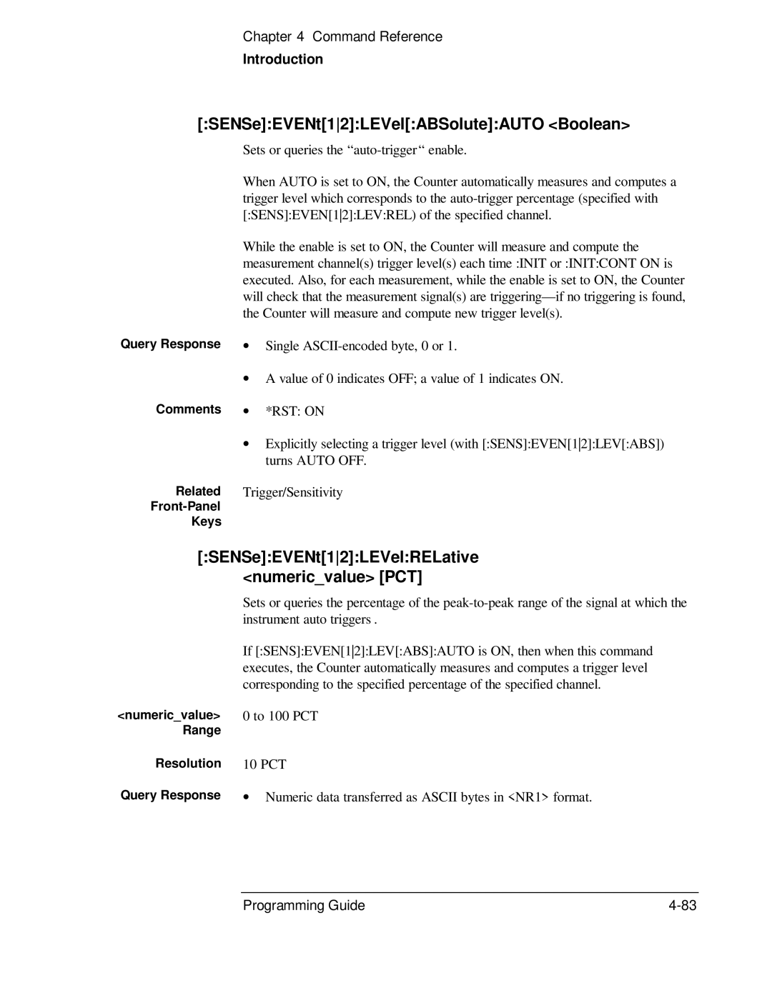 HP 53131A, 132A manual SENSeEVENt12LEVelABSoluteAUTO Boolean, SENSeEVENt12LEVelRELative numericvalue PCT, Range Resolution 